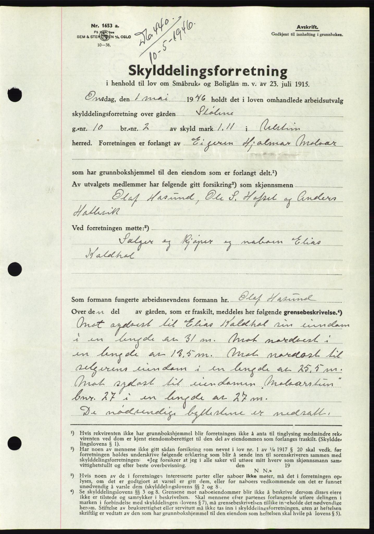 Søre Sunnmøre sorenskriveri, AV/SAT-A-4122/1/2/2C/L0078: Mortgage book no. 4A, 1946-1946, Diary no: : 440/1946