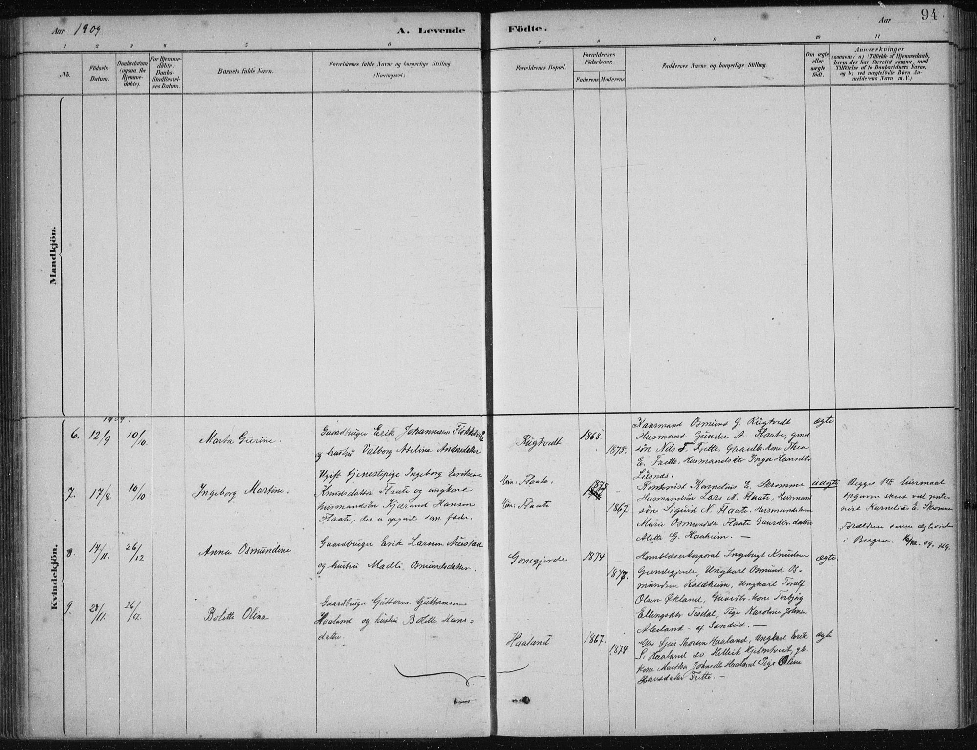 Etne sokneprestembete, SAB/A-75001/H/Haa: Parish register (official) no. D  1, 1879-1919, p. 94