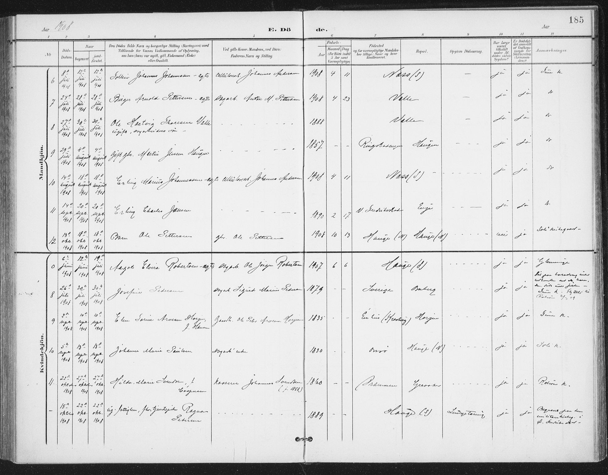 Rolvsøy prestekontor Kirkebøker, AV/SAO-A-2004/F/Fa/L0001: Parish register (official) no. 1, 1901-1909, p. 185