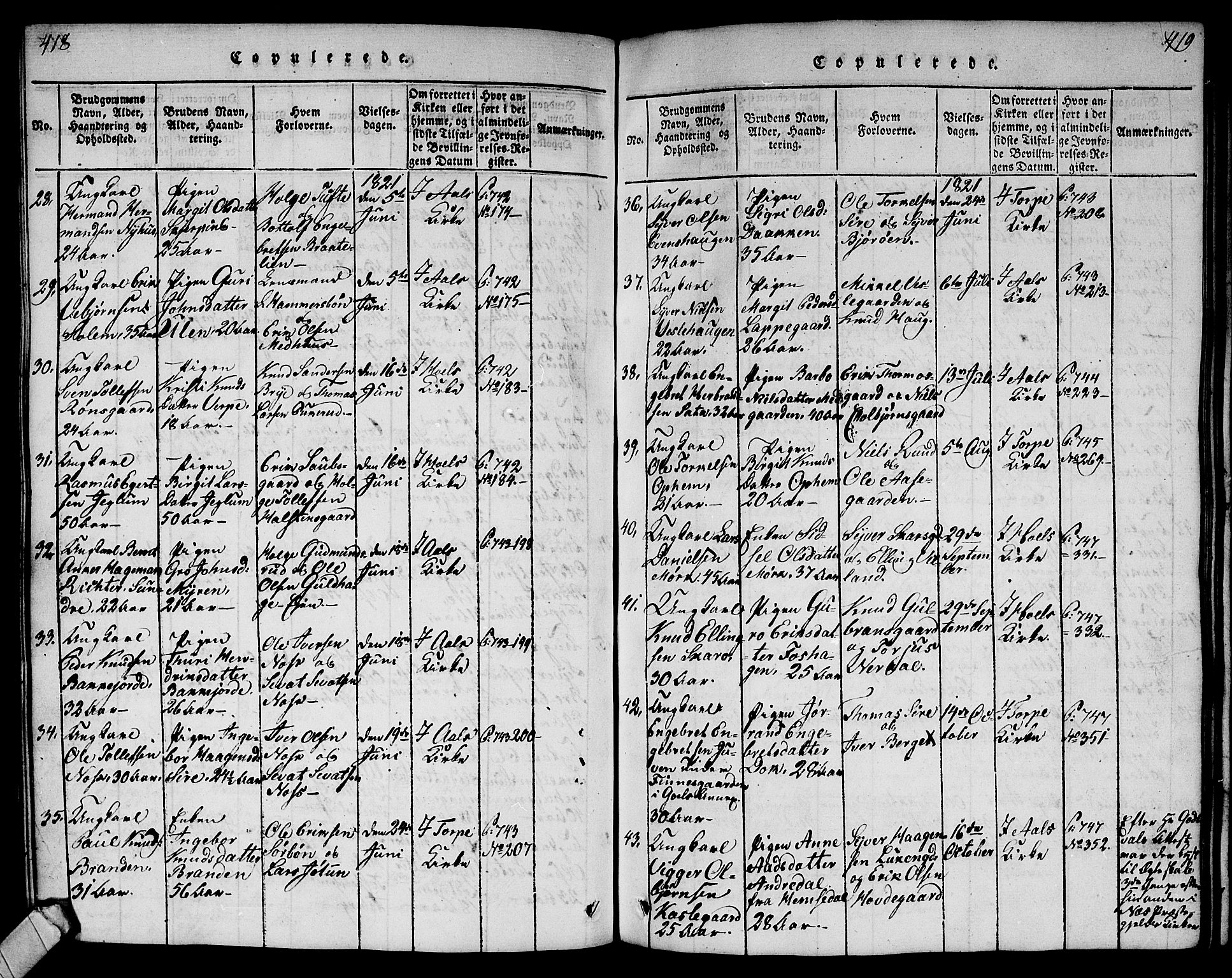 Ål kirkebøker, AV/SAKO-A-249/G/Ga/L0001: Parish register (copy) no. 1, 1815-1829, p. 418-419