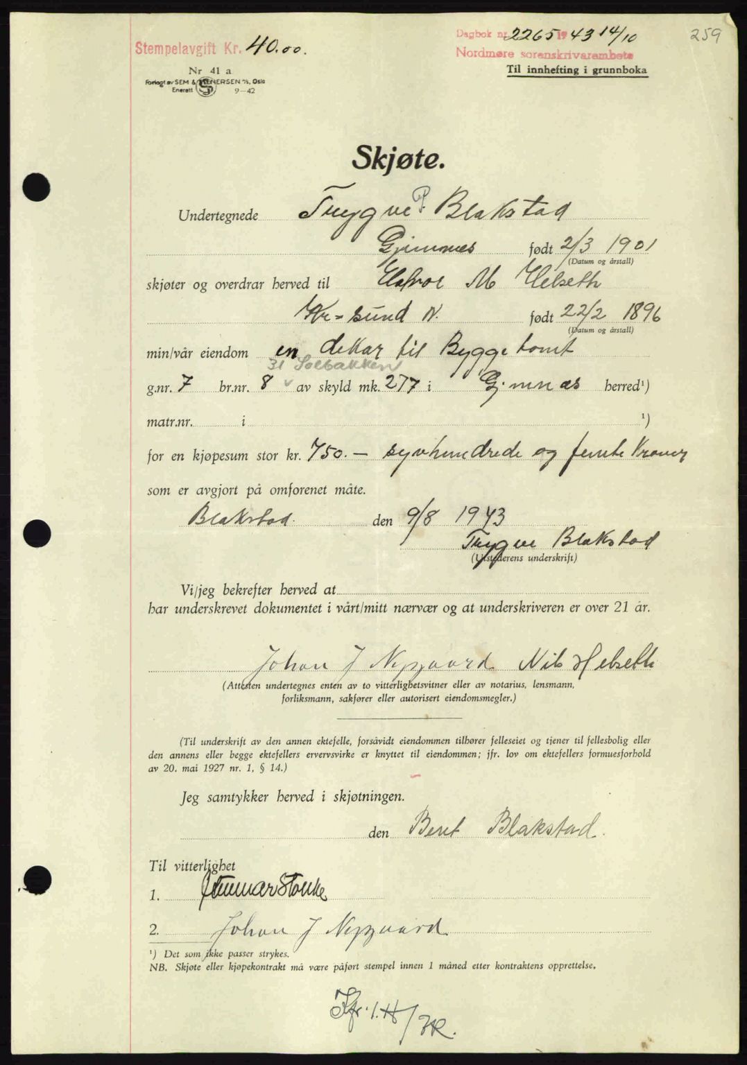 Nordmøre sorenskriveri, SAT/A-4132/1/2/2Ca: Mortgage book no. A96, 1943-1944, Diary no: : 2265/1943