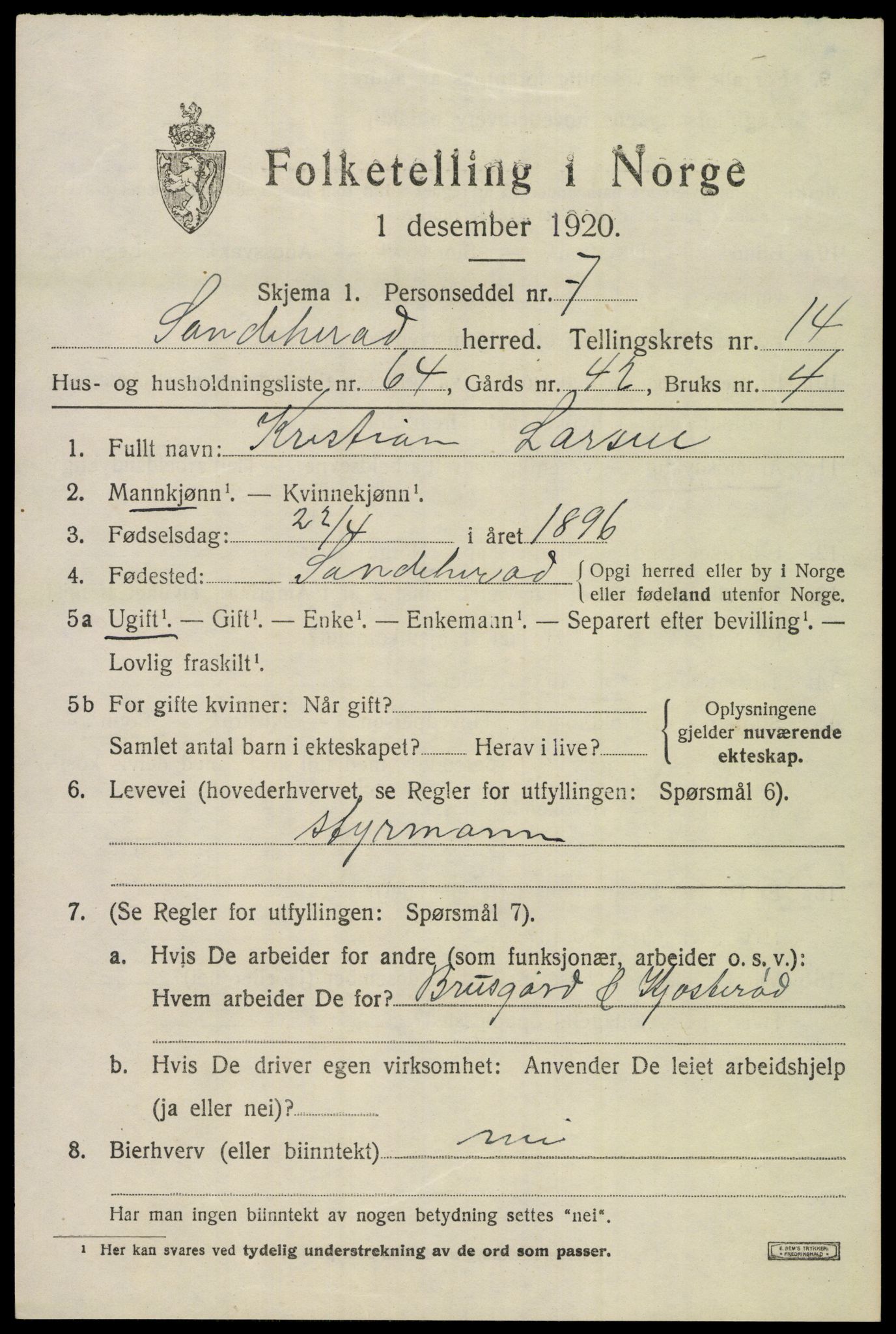 SAKO, 1920 census for Sandeherred, 1920, p. 21148