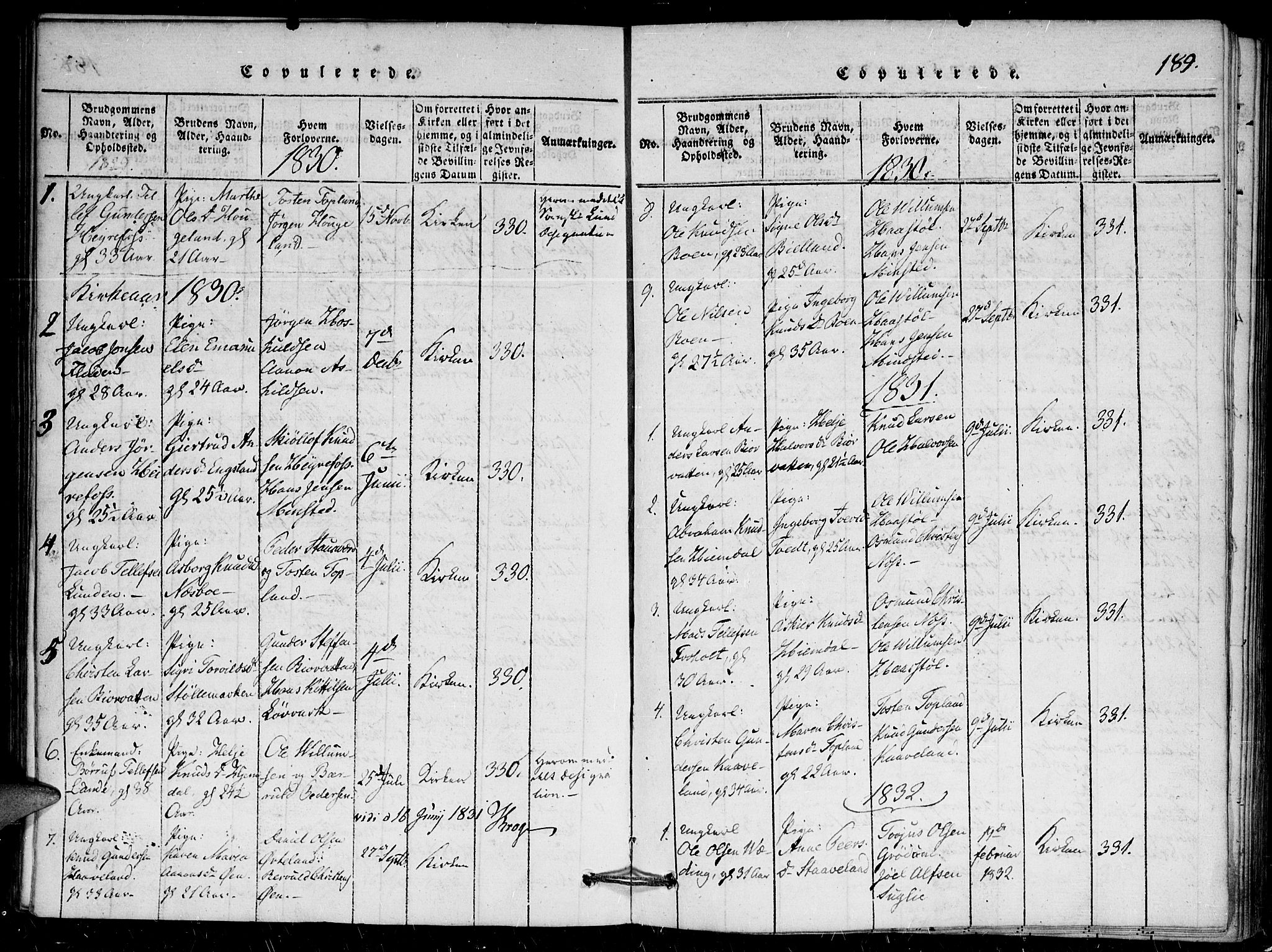 Herefoss sokneprestkontor, AV/SAK-1111-0019/F/Fa/Faa/L0001: Parish register (official) no. A 1, 1816-1860, p. 189