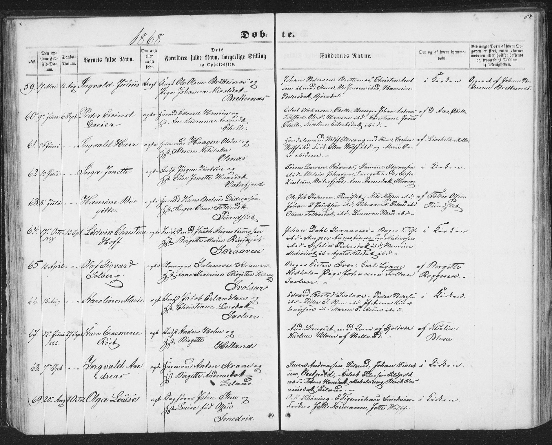 Ministerialprotokoller, klokkerbøker og fødselsregistre - Nordland, AV/SAT-A-1459/874/L1073: Parish register (copy) no. 874C02, 1860-1870, p. 84