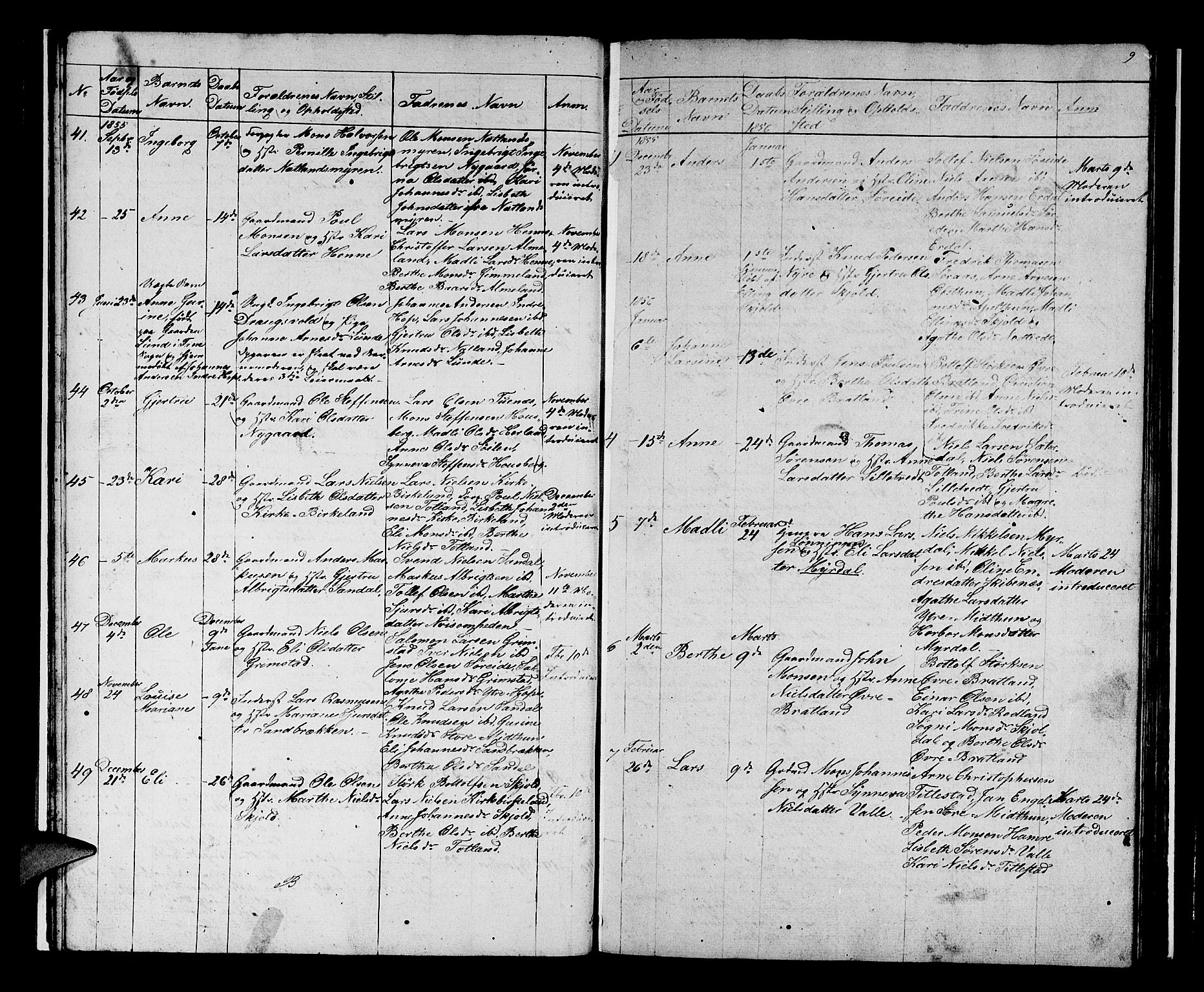 Birkeland Sokneprestembete, SAB/A-74601/H/Hab: Parish register (copy) no. A 1, 1853-1862, p. 9