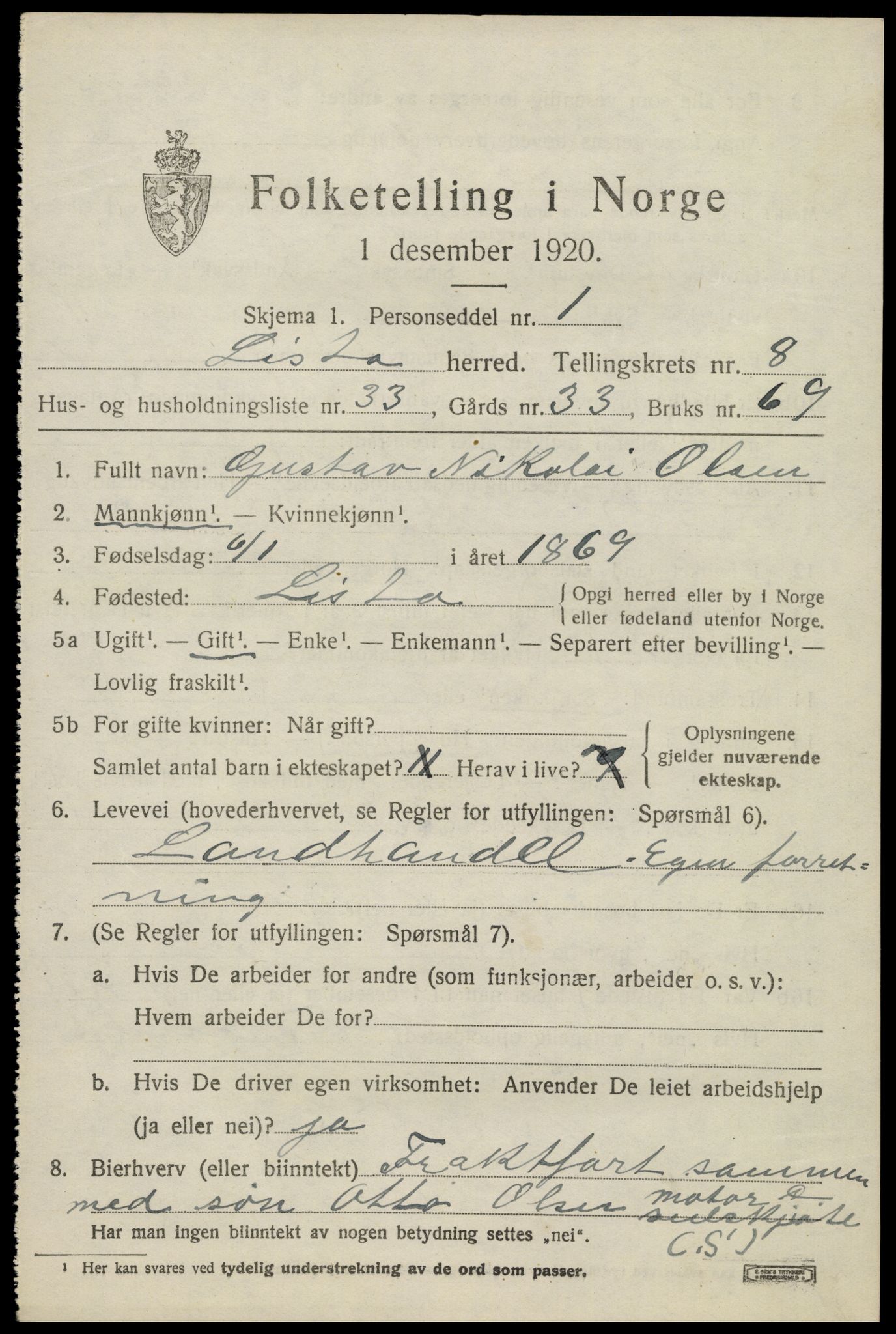 SAK, 1920 census for Lista, 1920, p. 8155