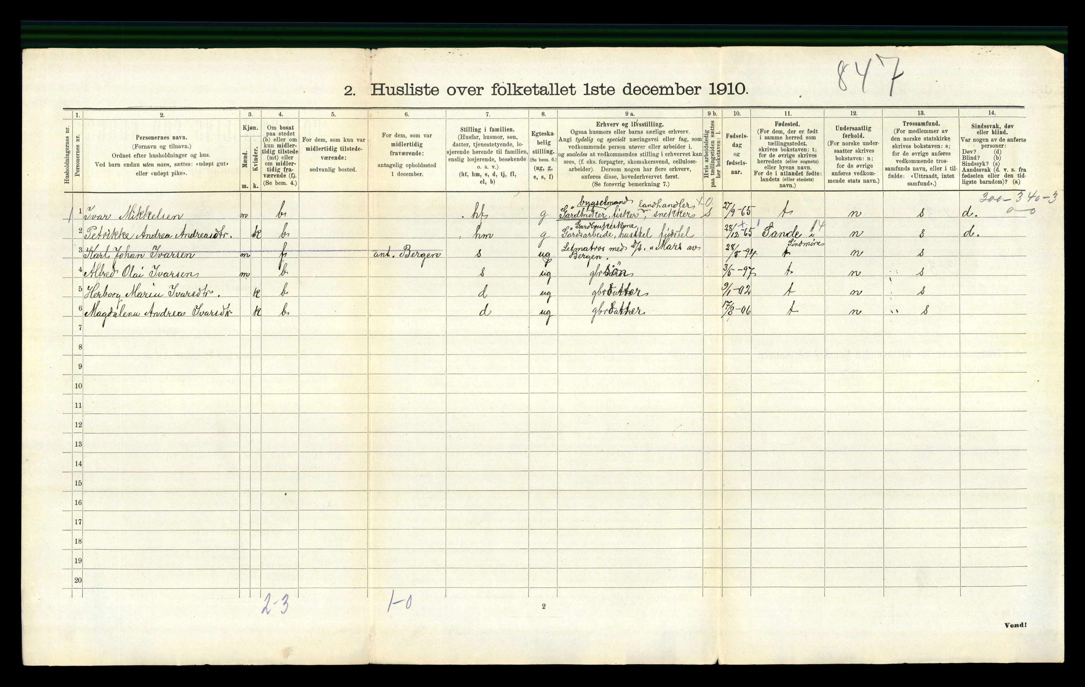 RA, 1910 census for Austevoll, 1910, p. 275