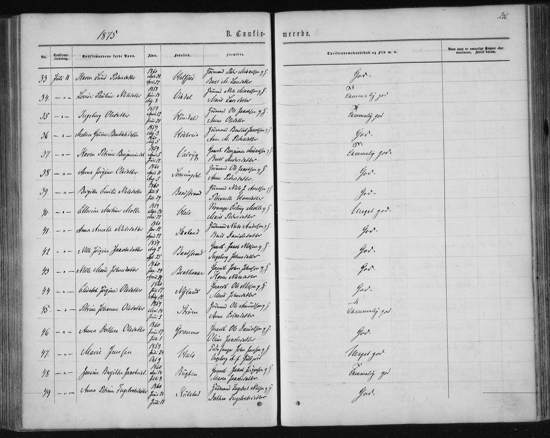 Ministerialprotokoller, klokkerbøker og fødselsregistre - Nordland, AV/SAT-A-1459/820/L0294: Parish register (official) no. 820A15, 1866-1879, p. 236