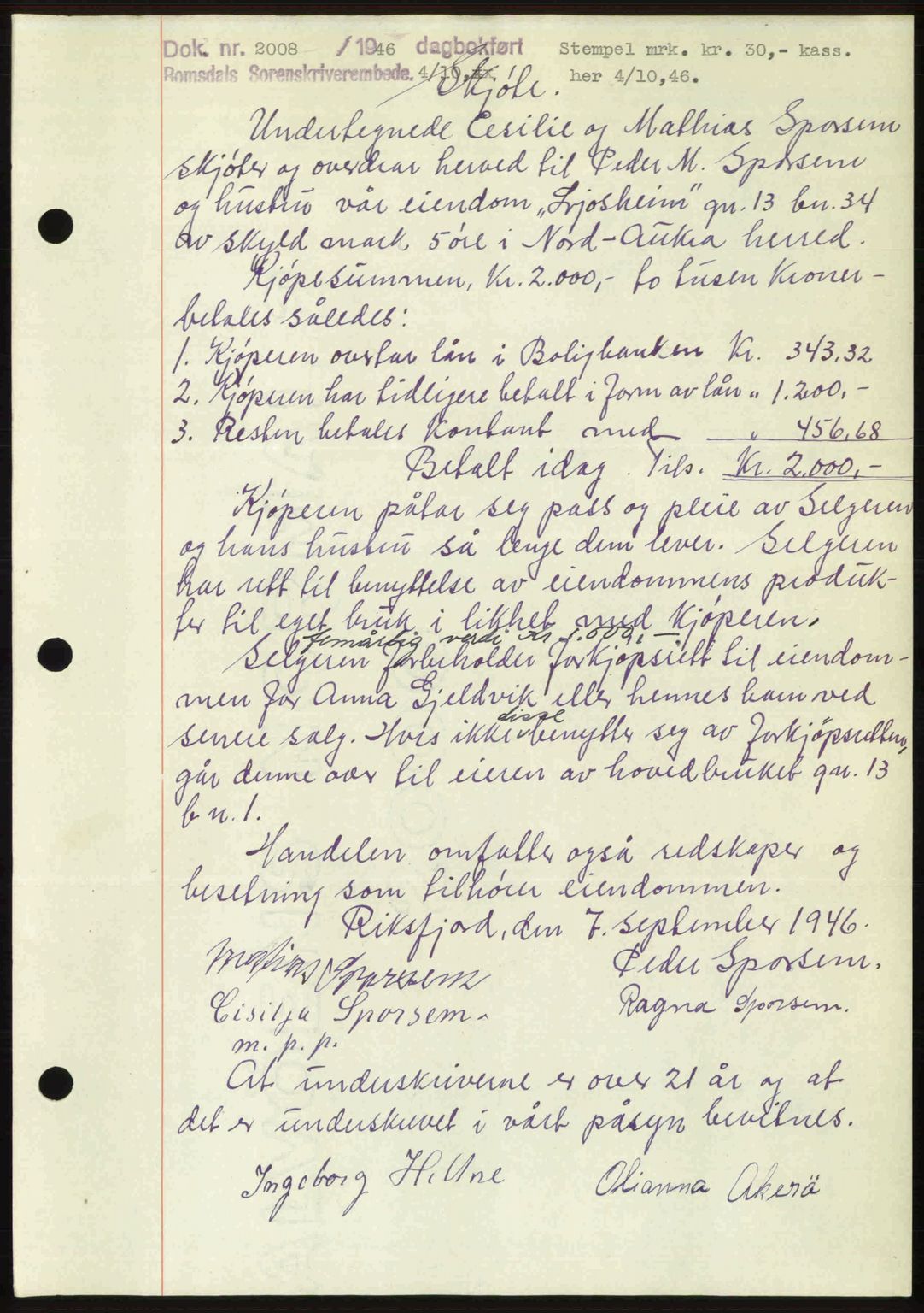 Romsdal sorenskriveri, AV/SAT-A-4149/1/2/2C: Mortgage book no. A21, 1946-1946, Diary no: : 2008/1946