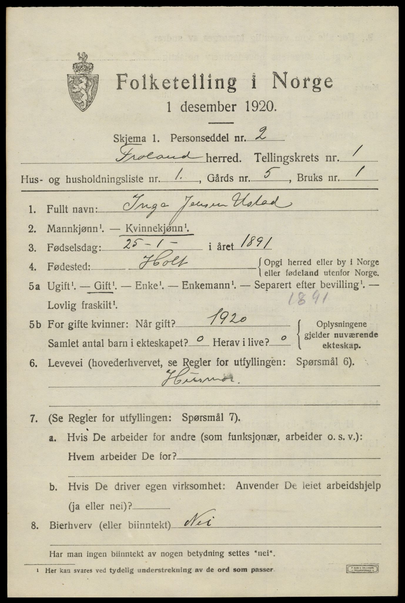 SAK, 1920 census for Froland, 1920, p. 965