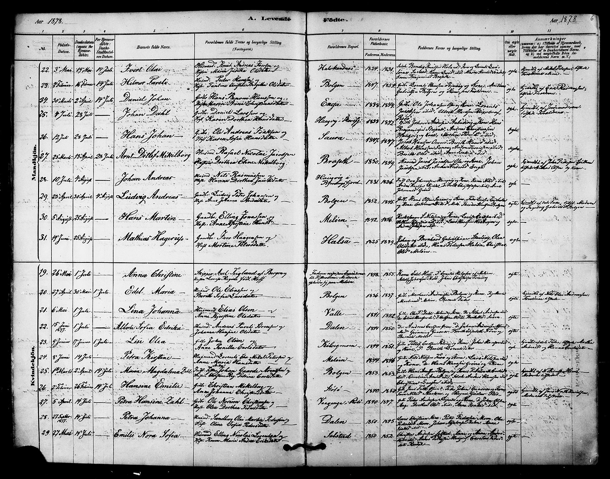 Ministerialprotokoller, klokkerbøker og fødselsregistre - Nordland, AV/SAT-A-1459/843/L0626: Parish register (official) no. 843A01, 1878-1907, p. 6