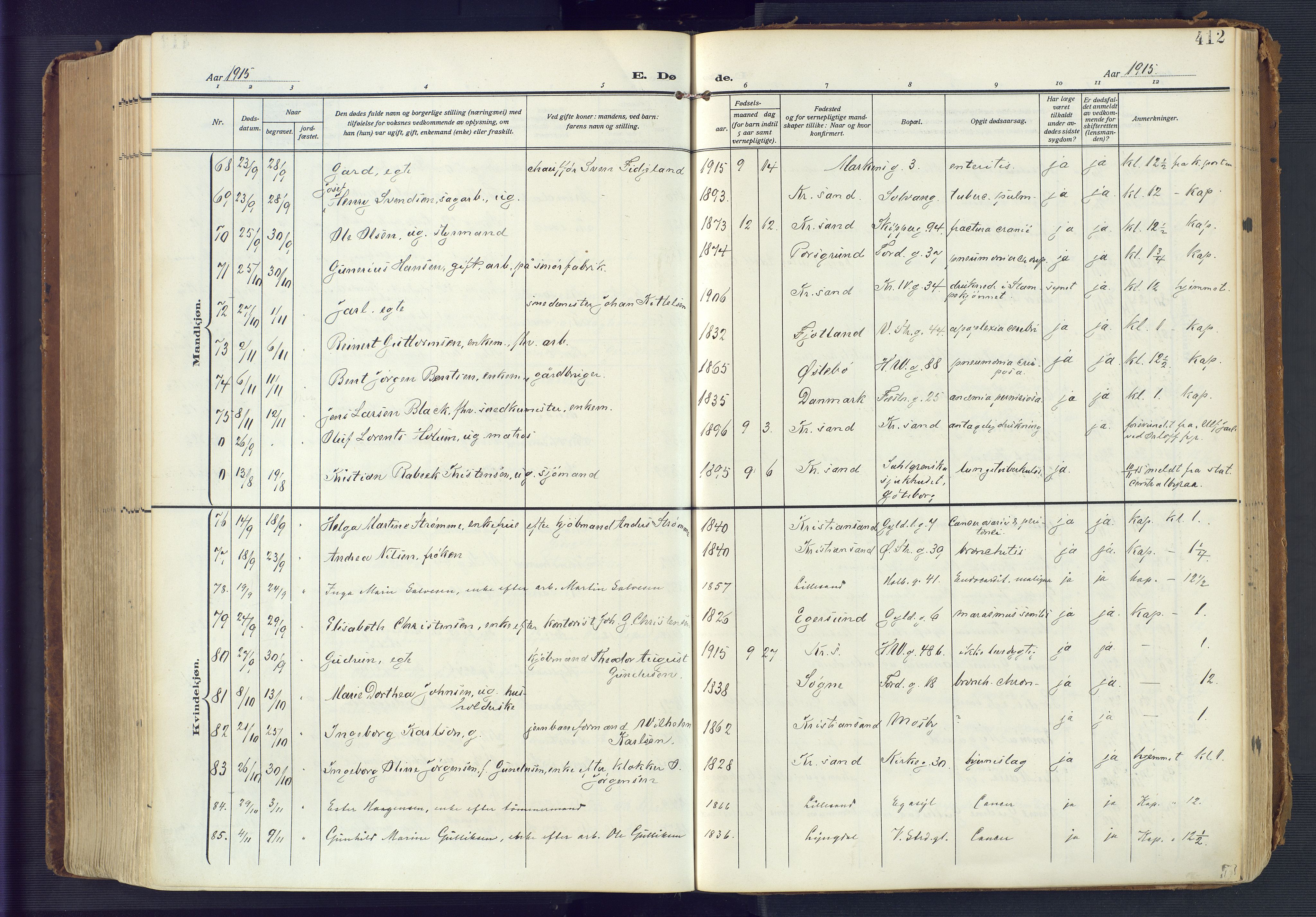 Kristiansand domprosti, AV/SAK-1112-0006/F/Fa/L0023: Parish register (official) no. A 22, 1909-1917, p. 412