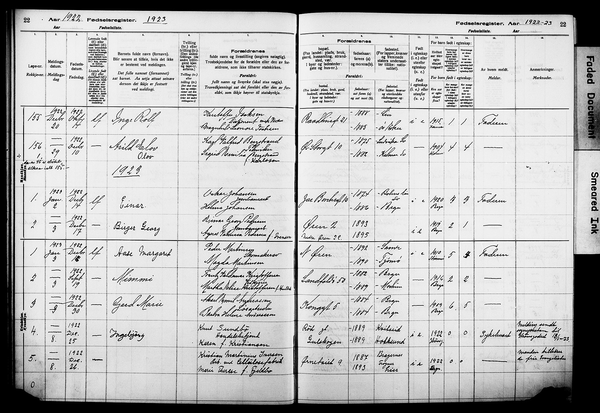 Bragernes kirkebøker, AV/SAKO-A-6/J/Ja/L0002: Birth register no. 2, 1922-1930, p. 22