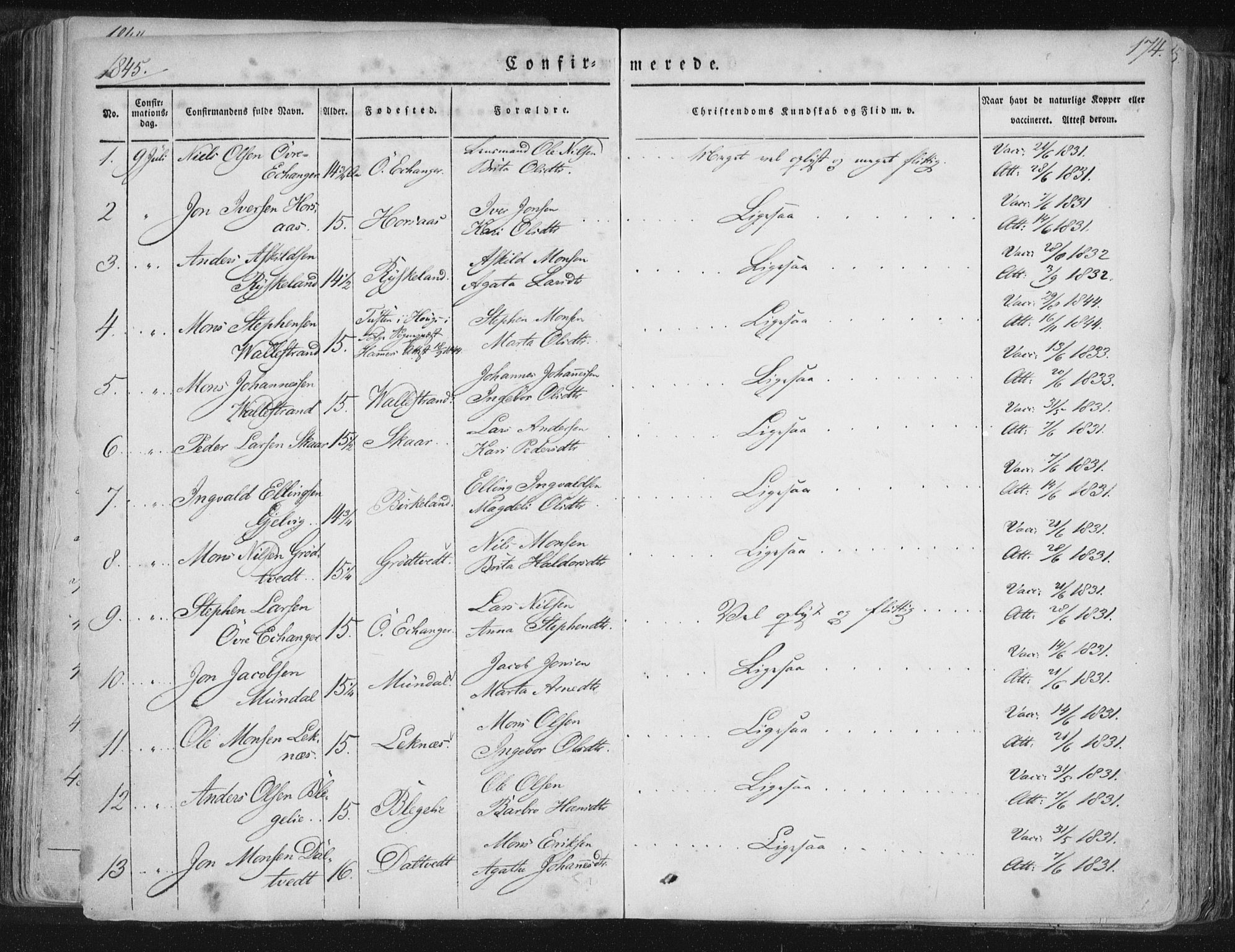 Hamre sokneprestembete, SAB/A-75501/H/Ha/Haa/Haaa/L0012: Parish register (official) no. A 12, 1834-1845, p. 174