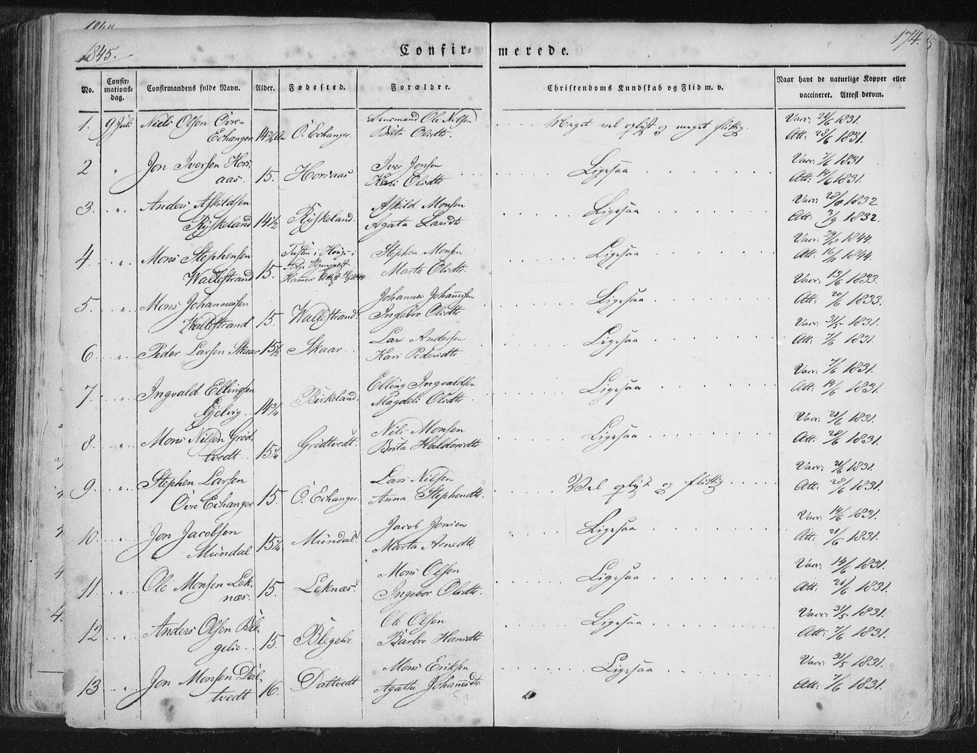 Hamre sokneprestembete, AV/SAB-A-75501/H/Ha/Haa/Haaa/L0012: Parish register (official) no. A 12, 1834-1845, p. 174