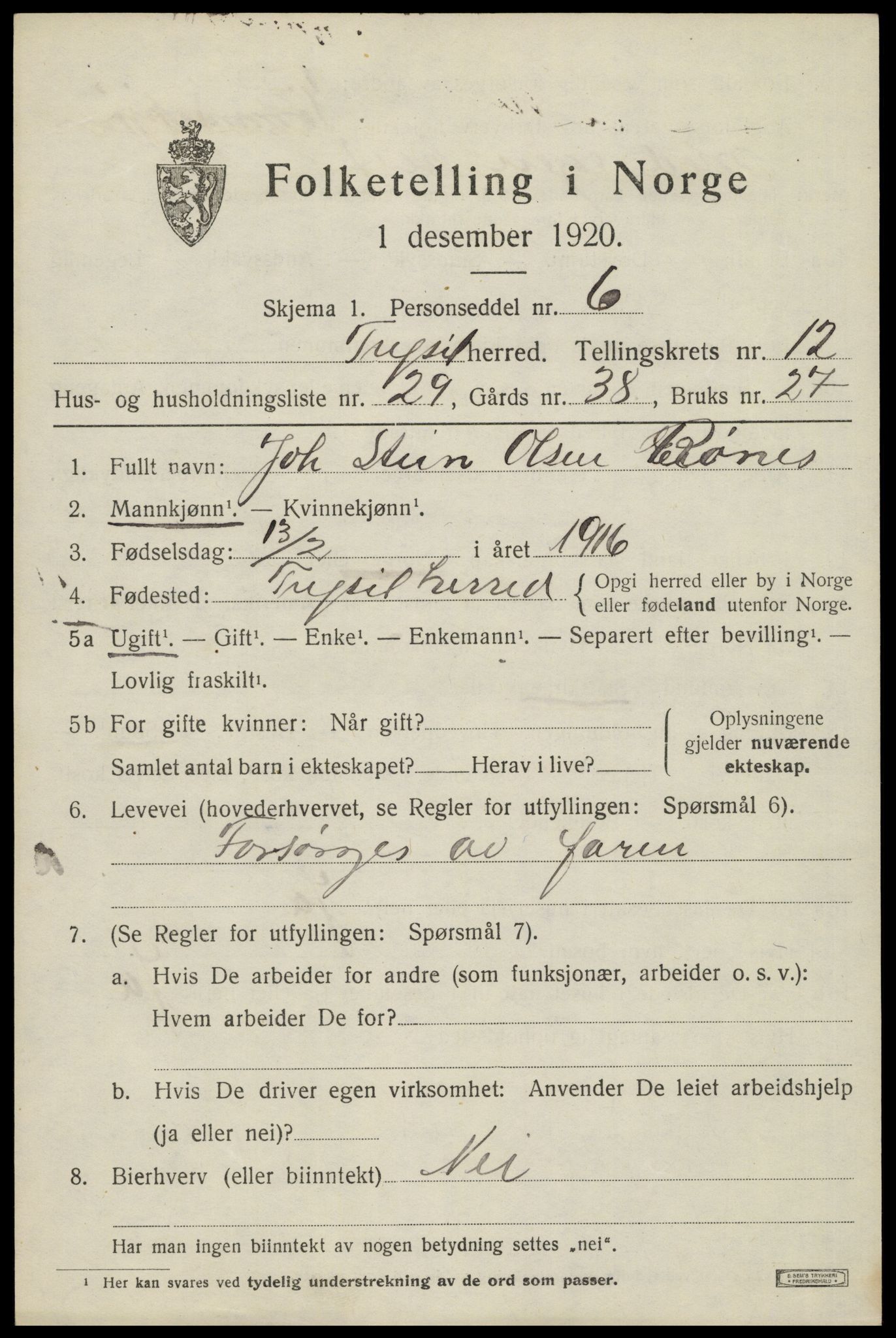 SAH, 1920 census for Trysil, 1920, p. 7527