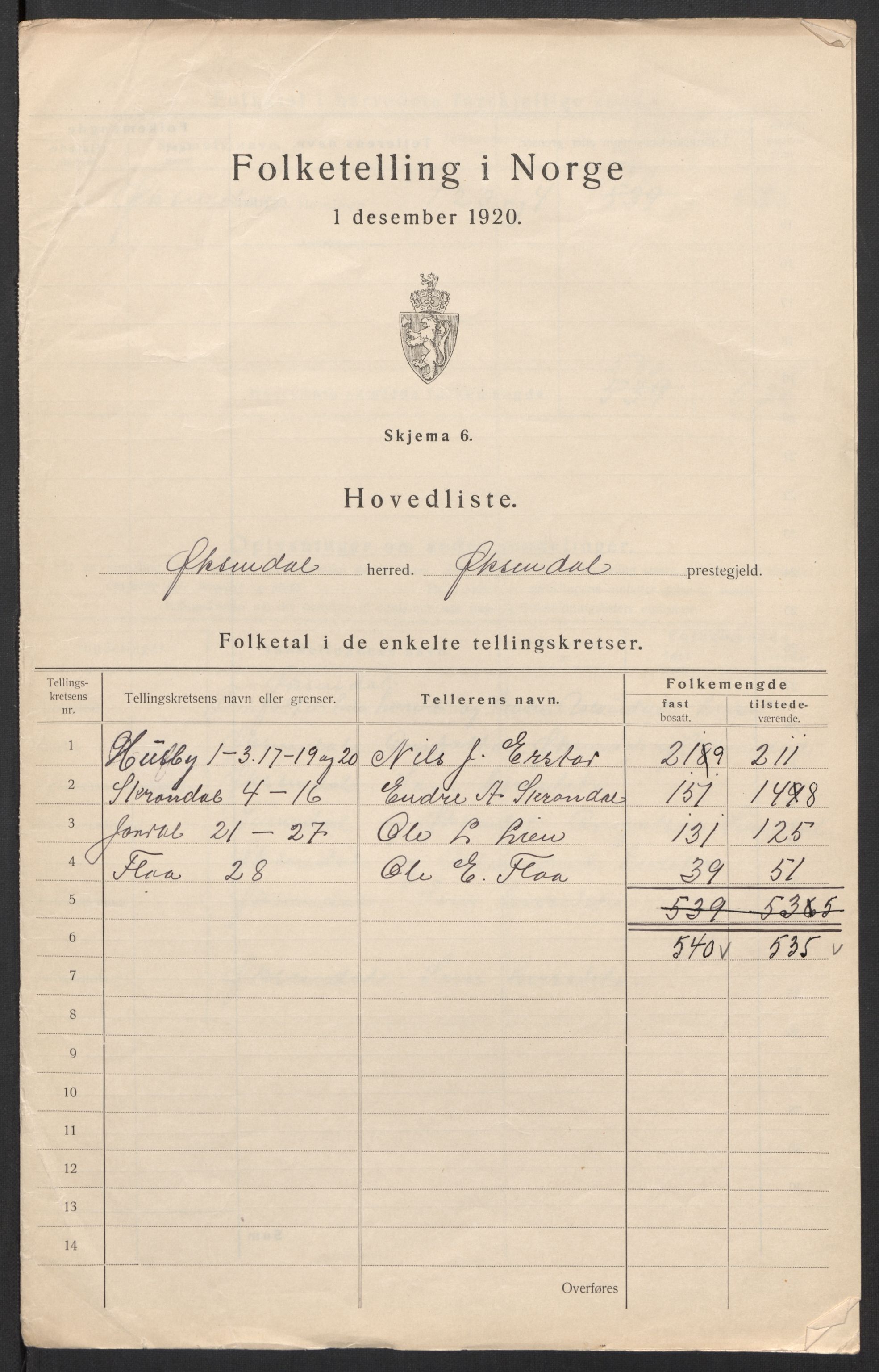 SAT, 1920 census for Øksendal, 1920, p. 6