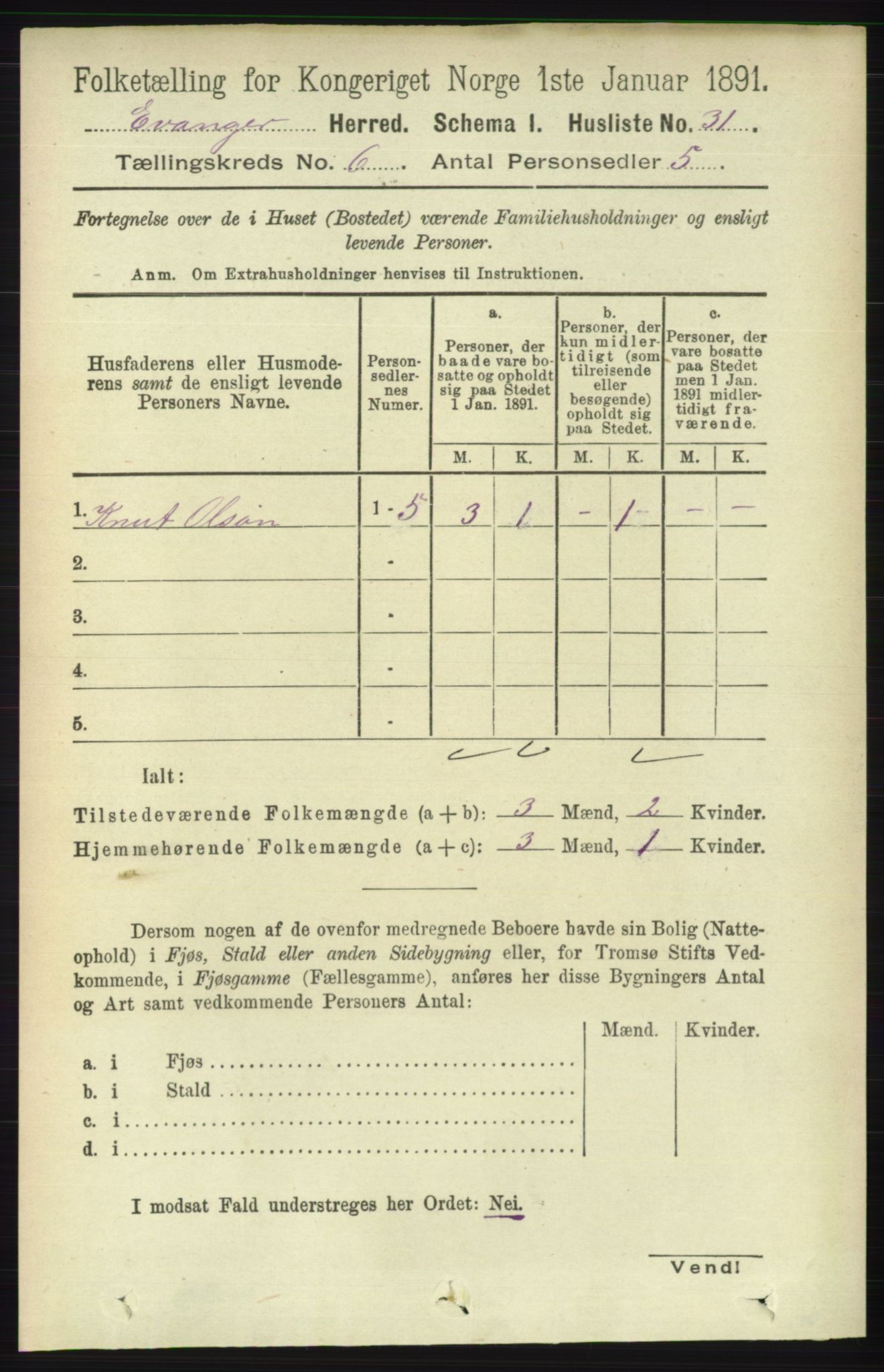 RA, 1891 census for 1237 Evanger, 1891, p. 1610