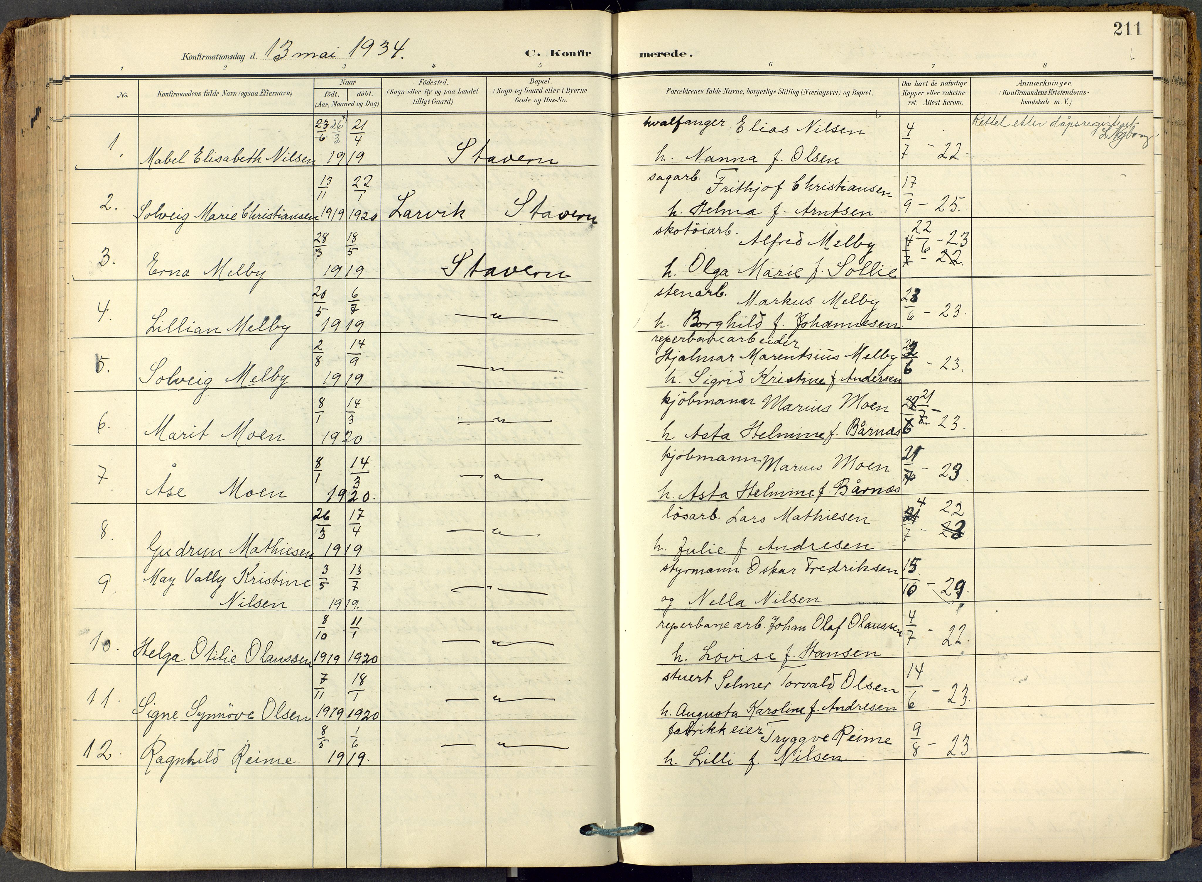Stavern kirkebøker, SAKO/A-318/F/Fa/L0009: Parish register (official) no. 9, 1906-1955, p. 211