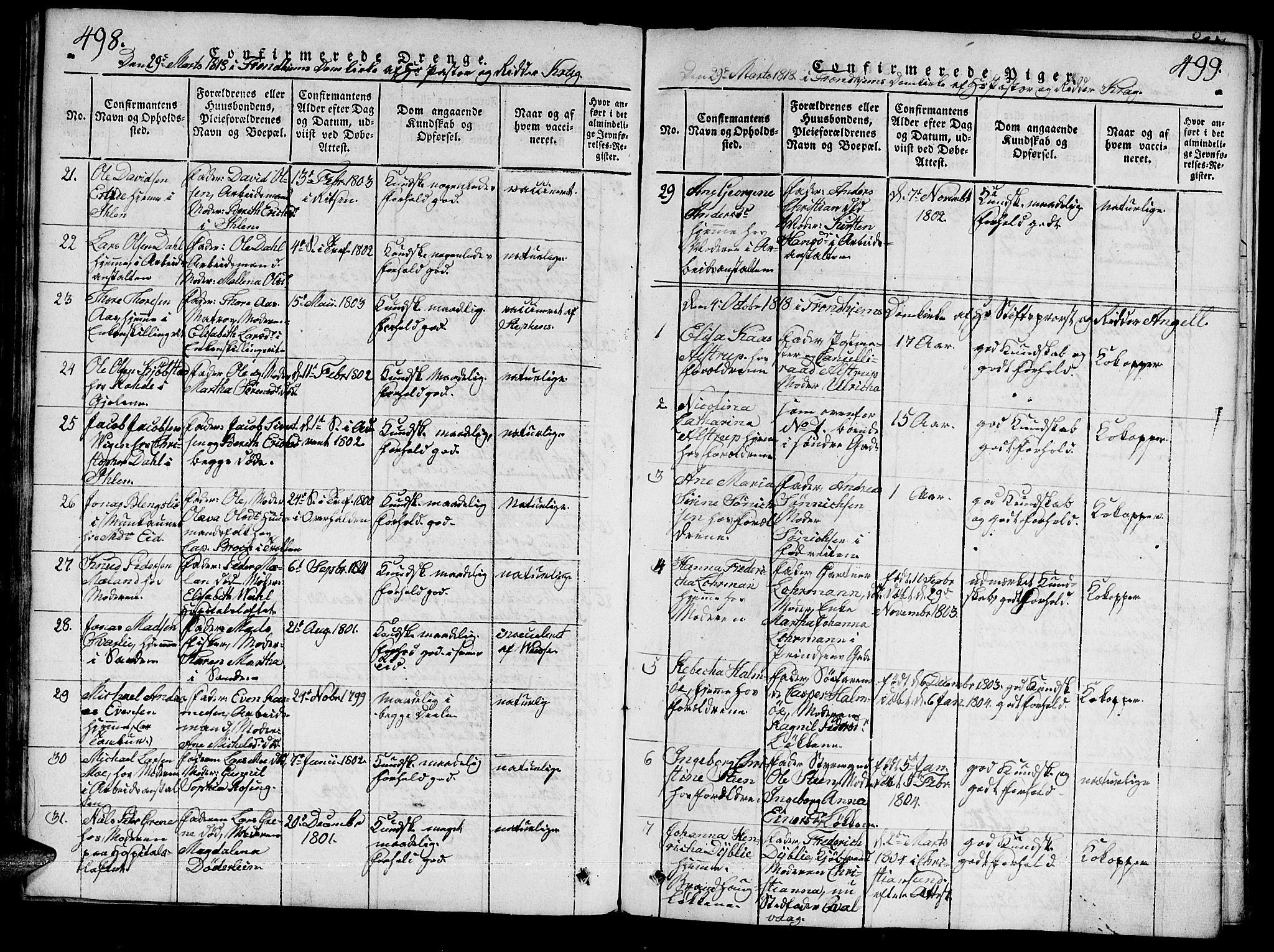 Ministerialprotokoller, klokkerbøker og fødselsregistre - Sør-Trøndelag, SAT/A-1456/601/L0043: Parish register (official) no. 601A11, 1815-1821, p. 498-499