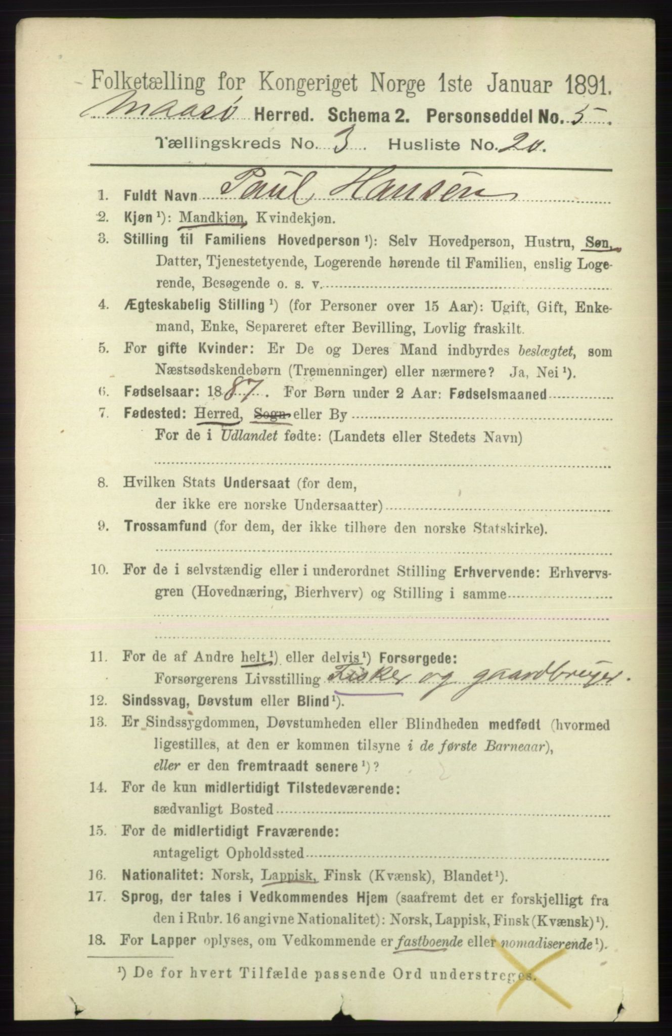 RA, 1891 census for 2018 Måsøy, 1891, p. 500