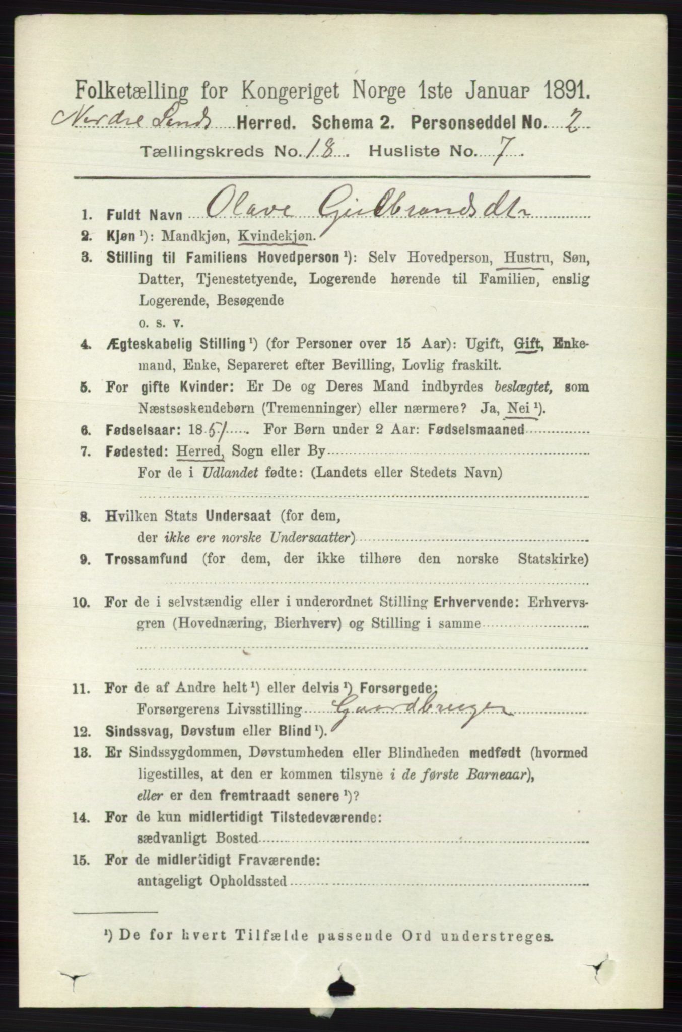 RA, 1891 census for 0538 Nordre Land, 1891, p. 4425