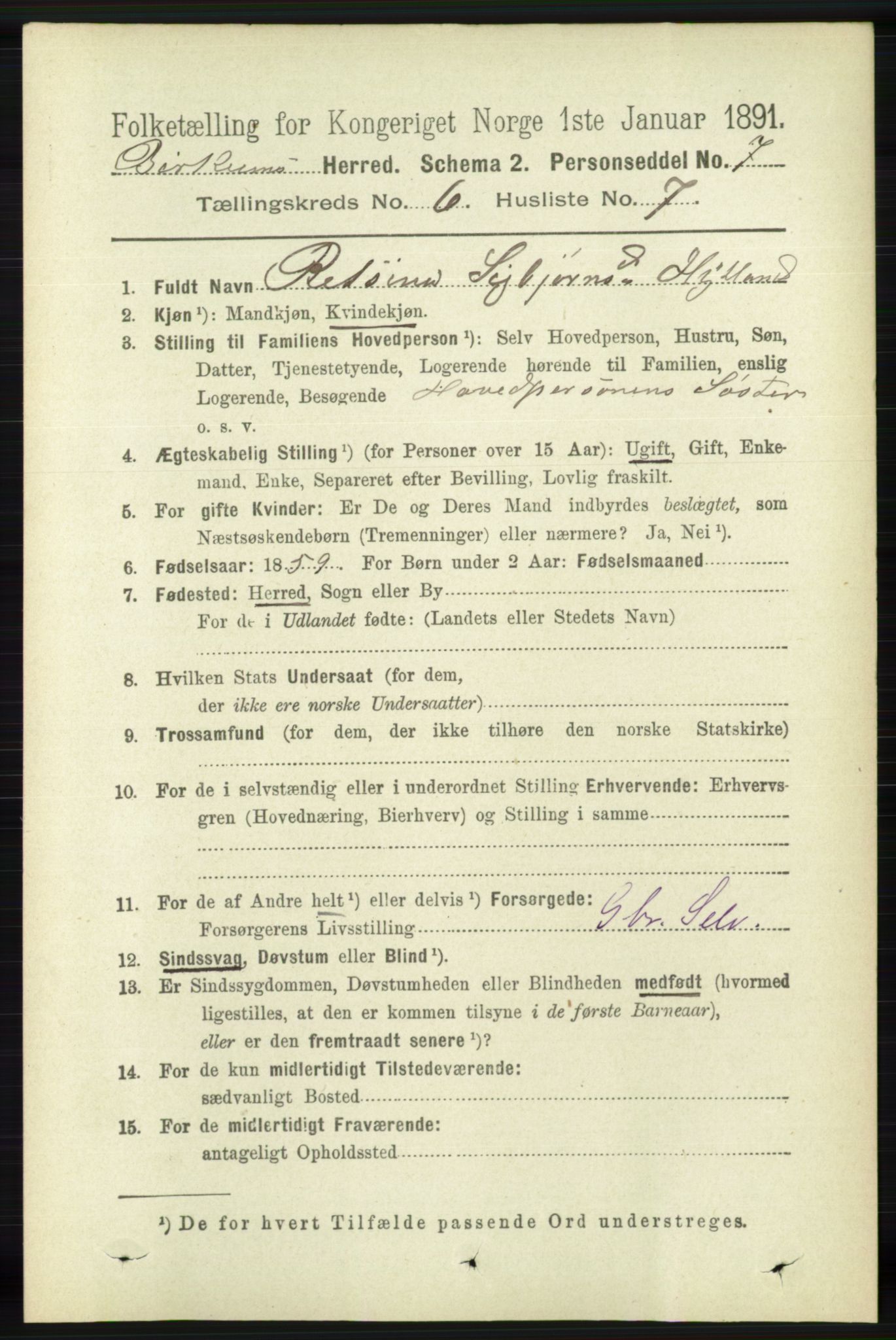 RA, 1891 census for 1114 Bjerkreim, 1891, p. 2114