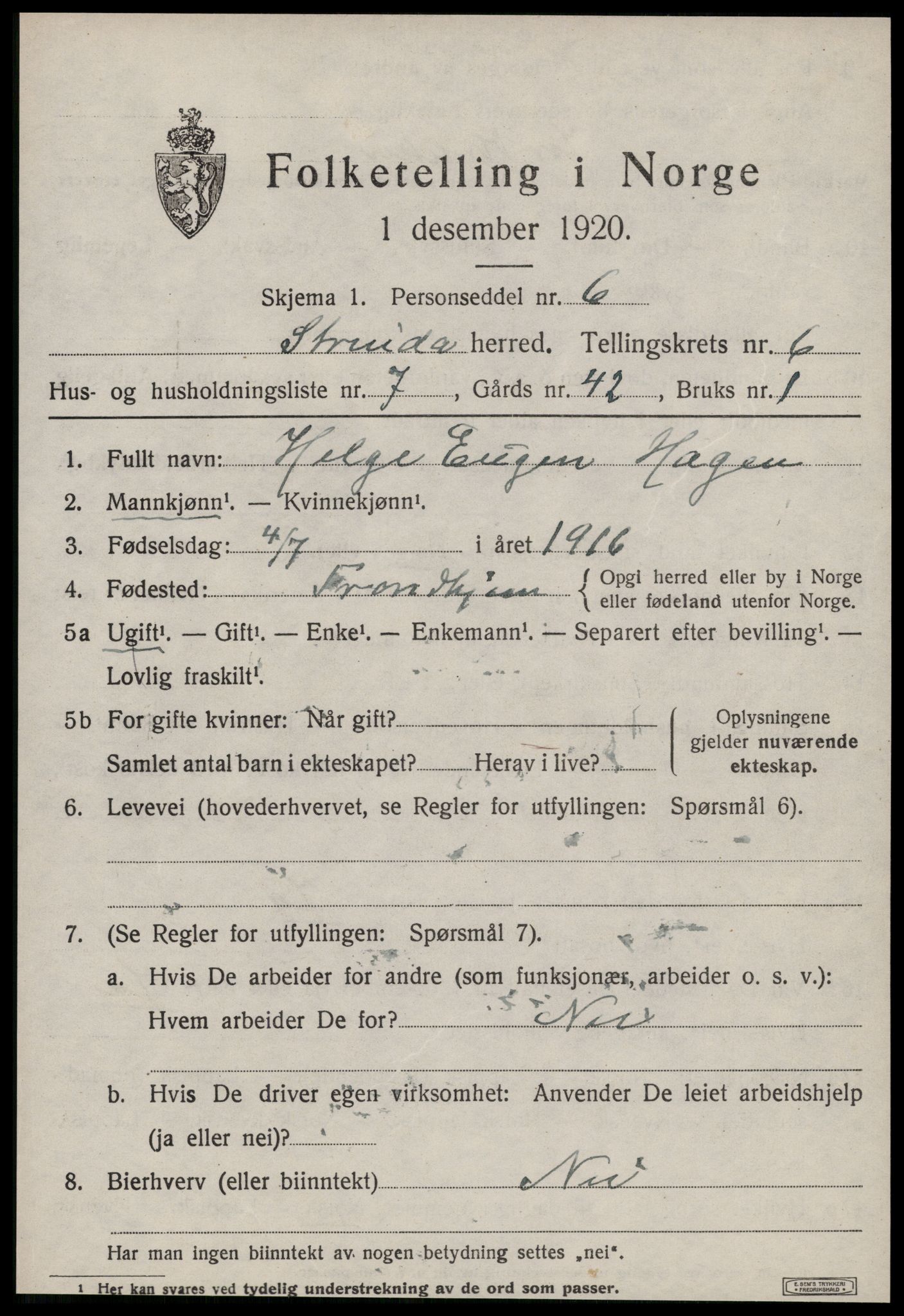 SAT, 1920 census for Strinda, 1920, p. 14518