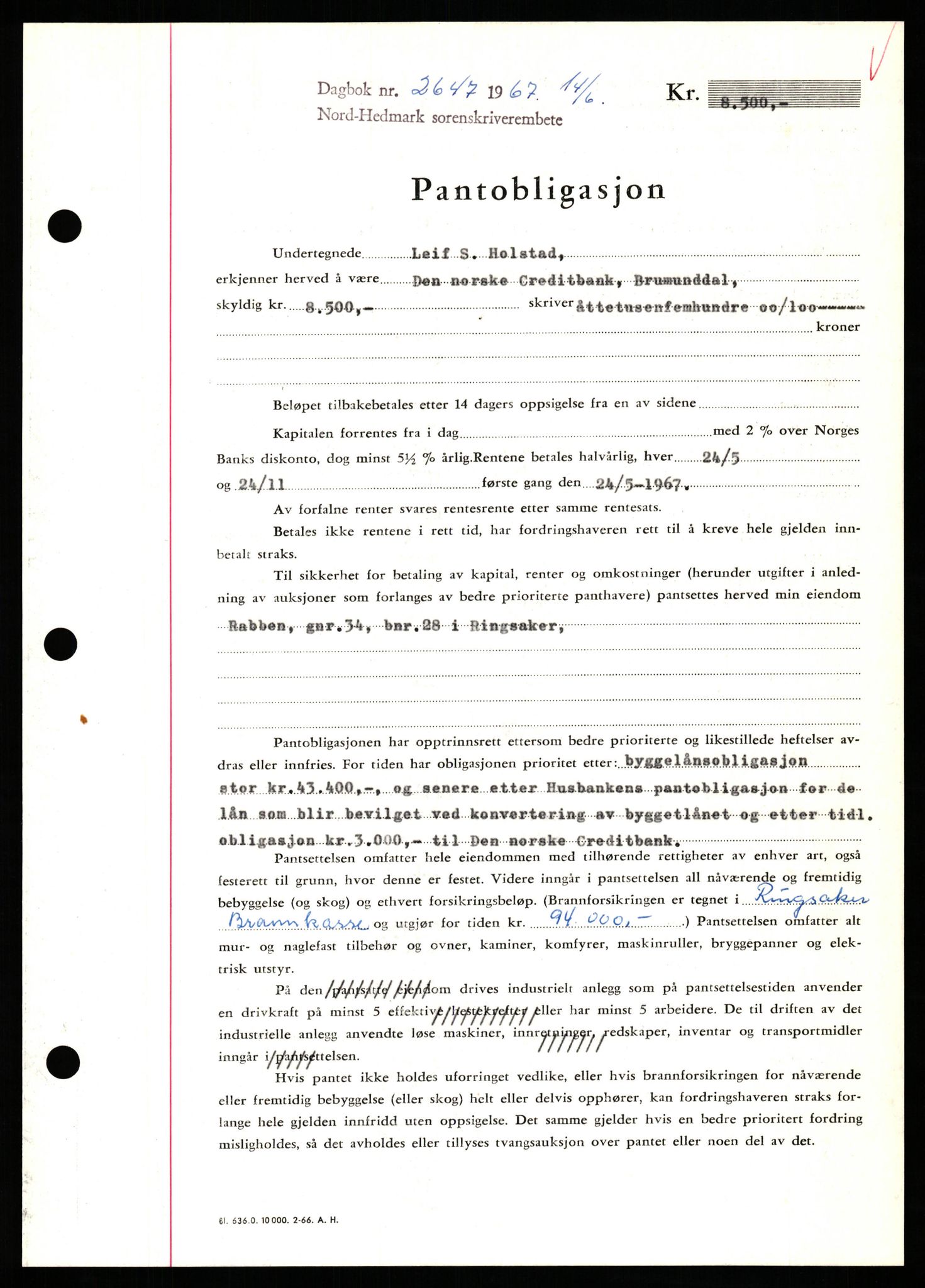 Nord-Hedmark sorenskriveri, SAH/TING-012/H/Hb/Hbf/L0071: Mortgage book no. B71, 1967-1967, Diary no: : 2647/1967