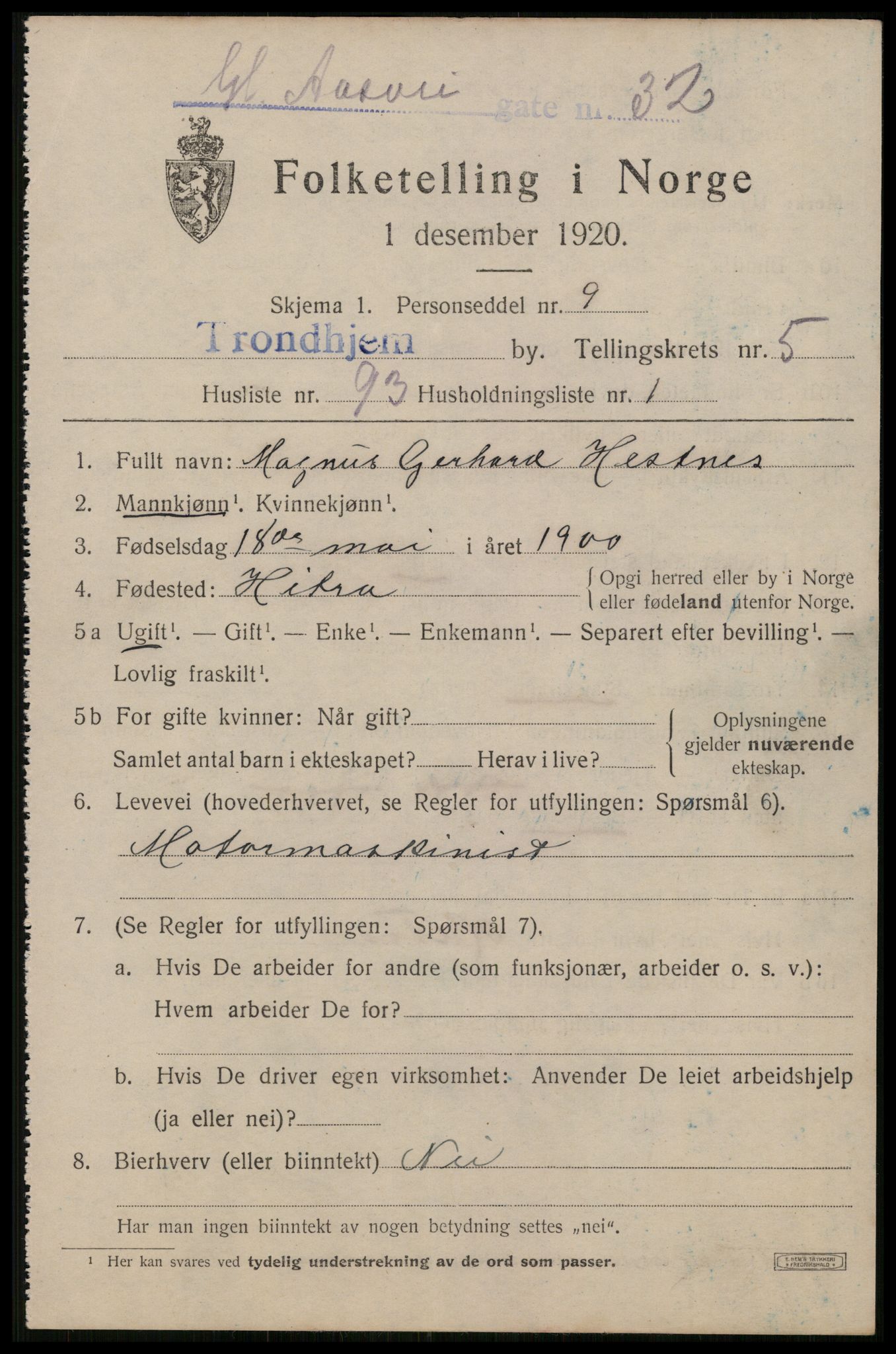 SAT, 1920 census for Trondheim, 1920, p. 39806