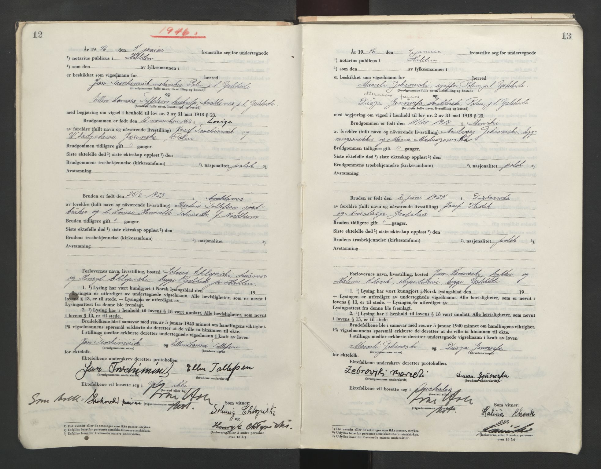 Idd og Marker sorenskriveri, AV/SAO-A-10283/L/Lc/L0001/0004: Vigselsbøker / Vigselsbok, 1945-1949, p. 12-13