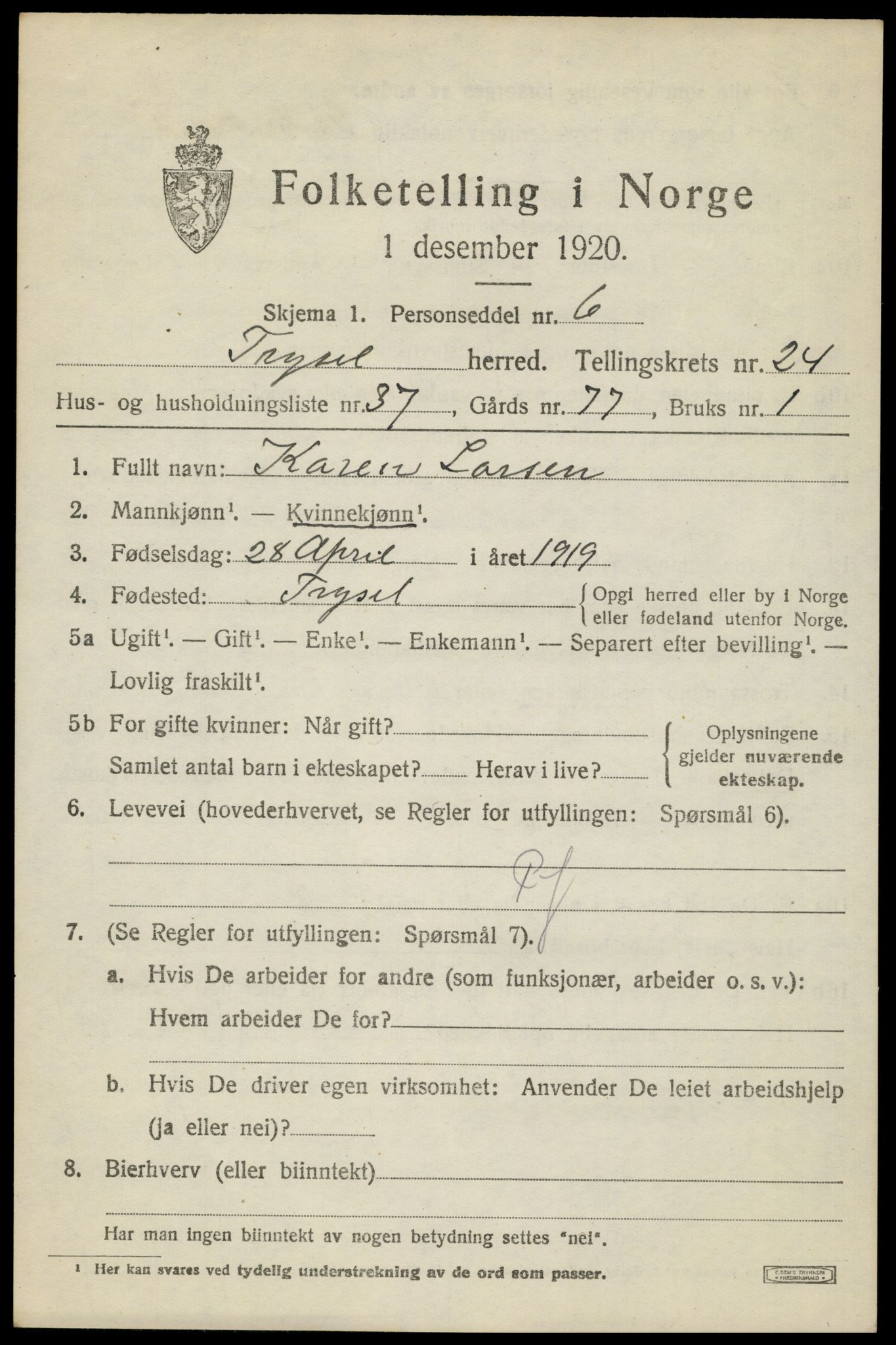 SAH, 1920 census for Trysil, 1920, p. 15675