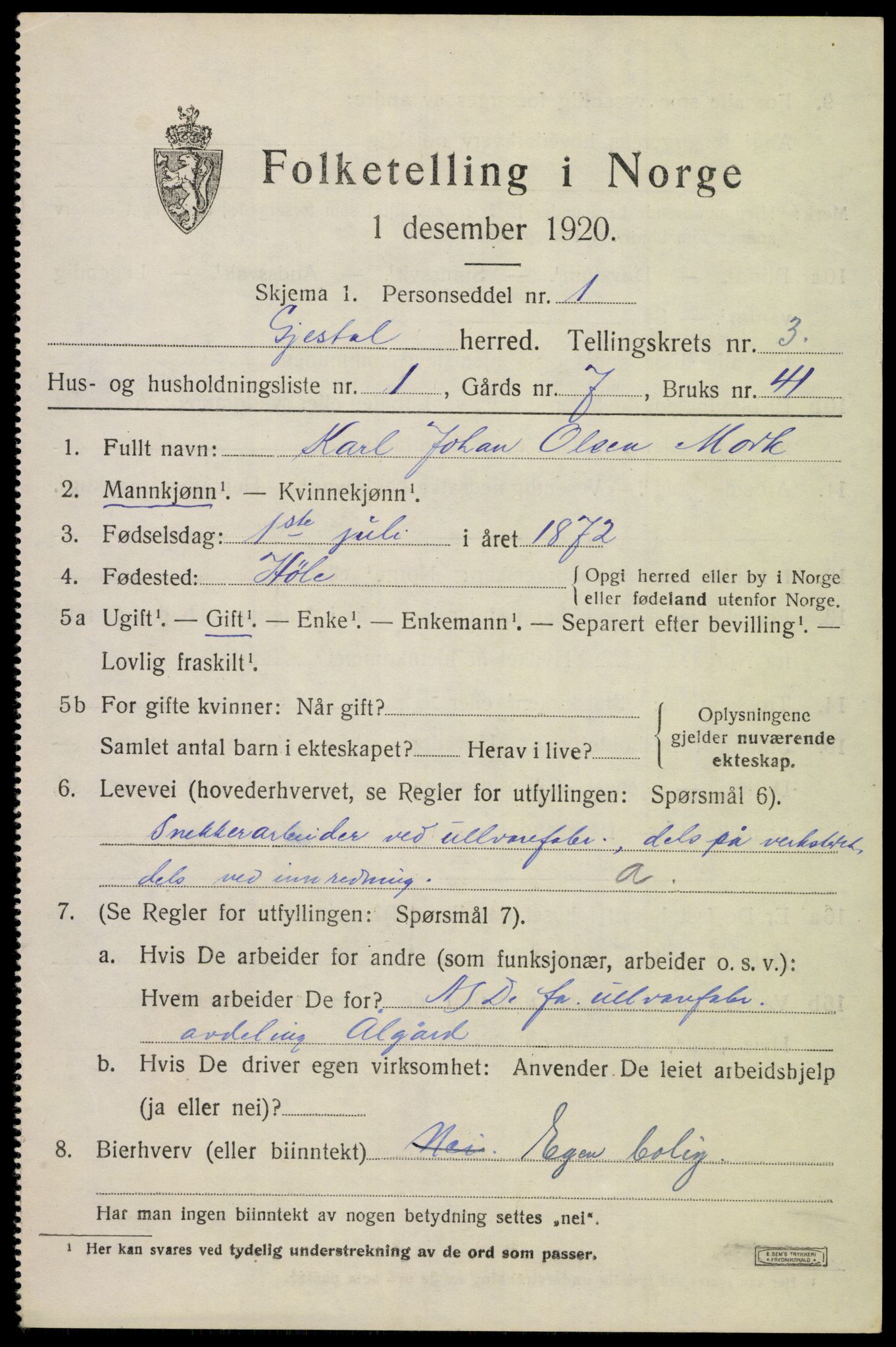 SAST, 1920 census for Gjesdal, 1920, p. 2126