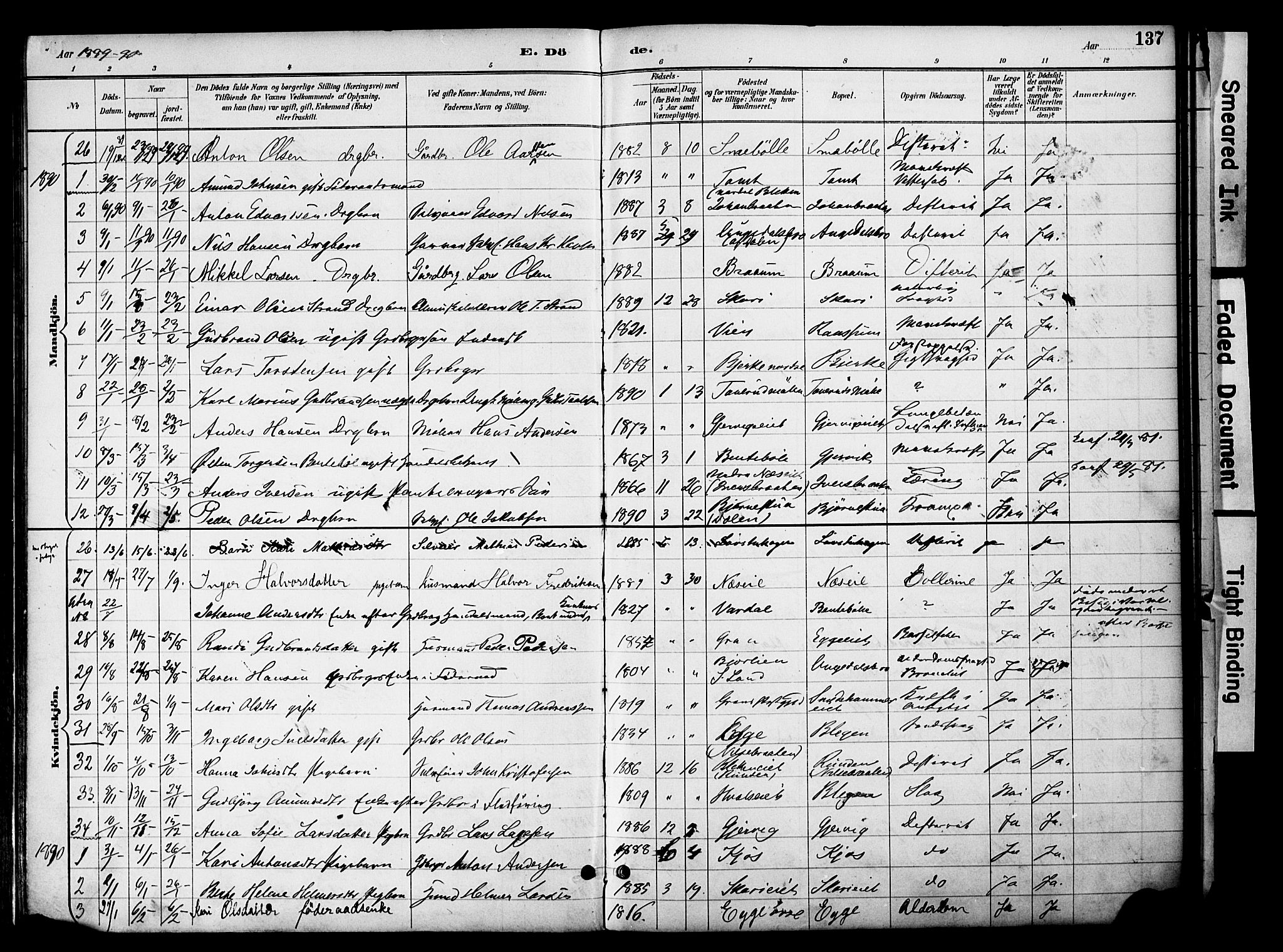 Gran prestekontor, SAH/PREST-112/H/Ha/Haa/L0020: Parish register (official) no. 20, 1889-1899, p. 137