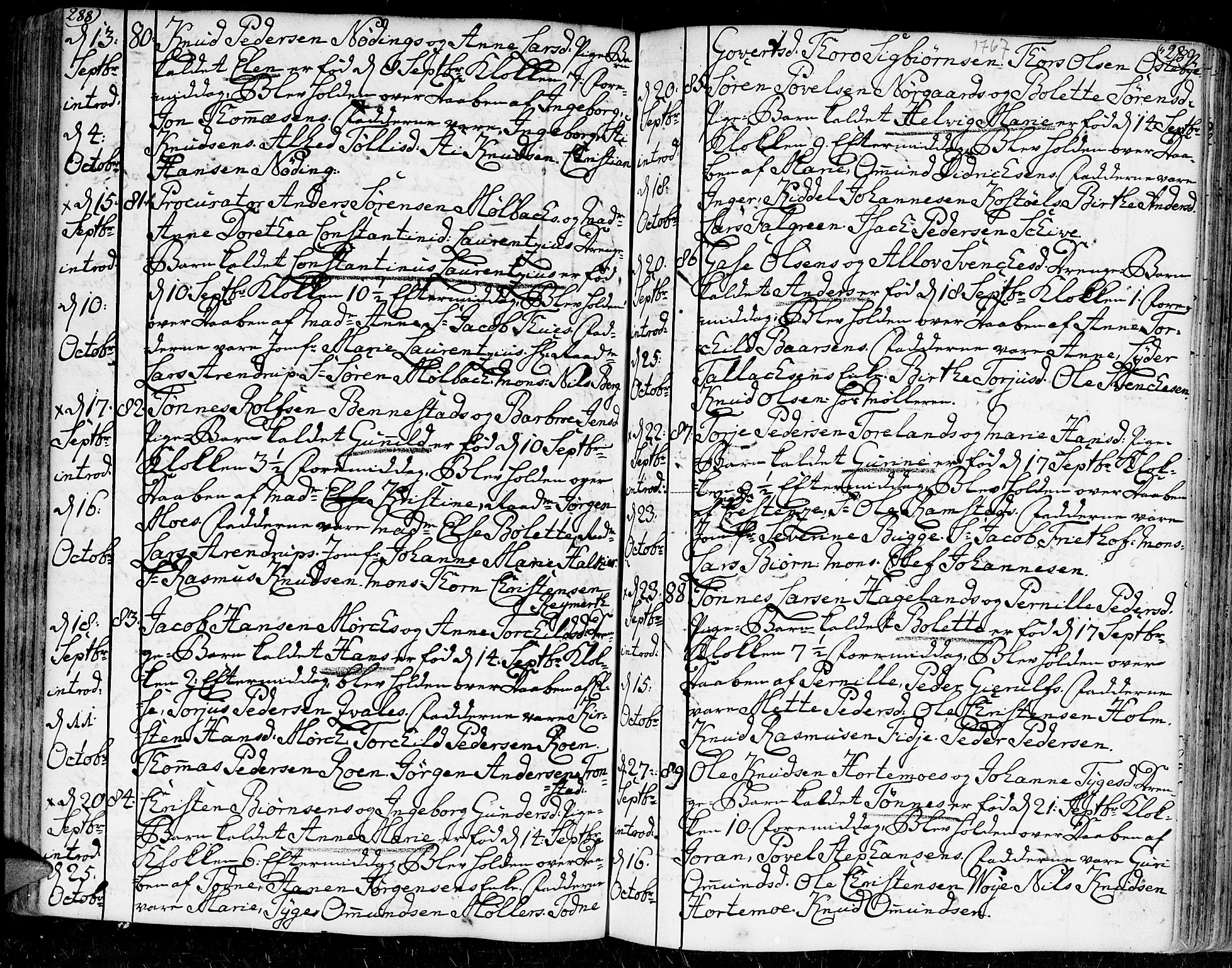 Kristiansand domprosti, SAK/1112-0006/F/Fa/L0002: Parish register (official) no. A 2, 1755-1778, p. 288-289