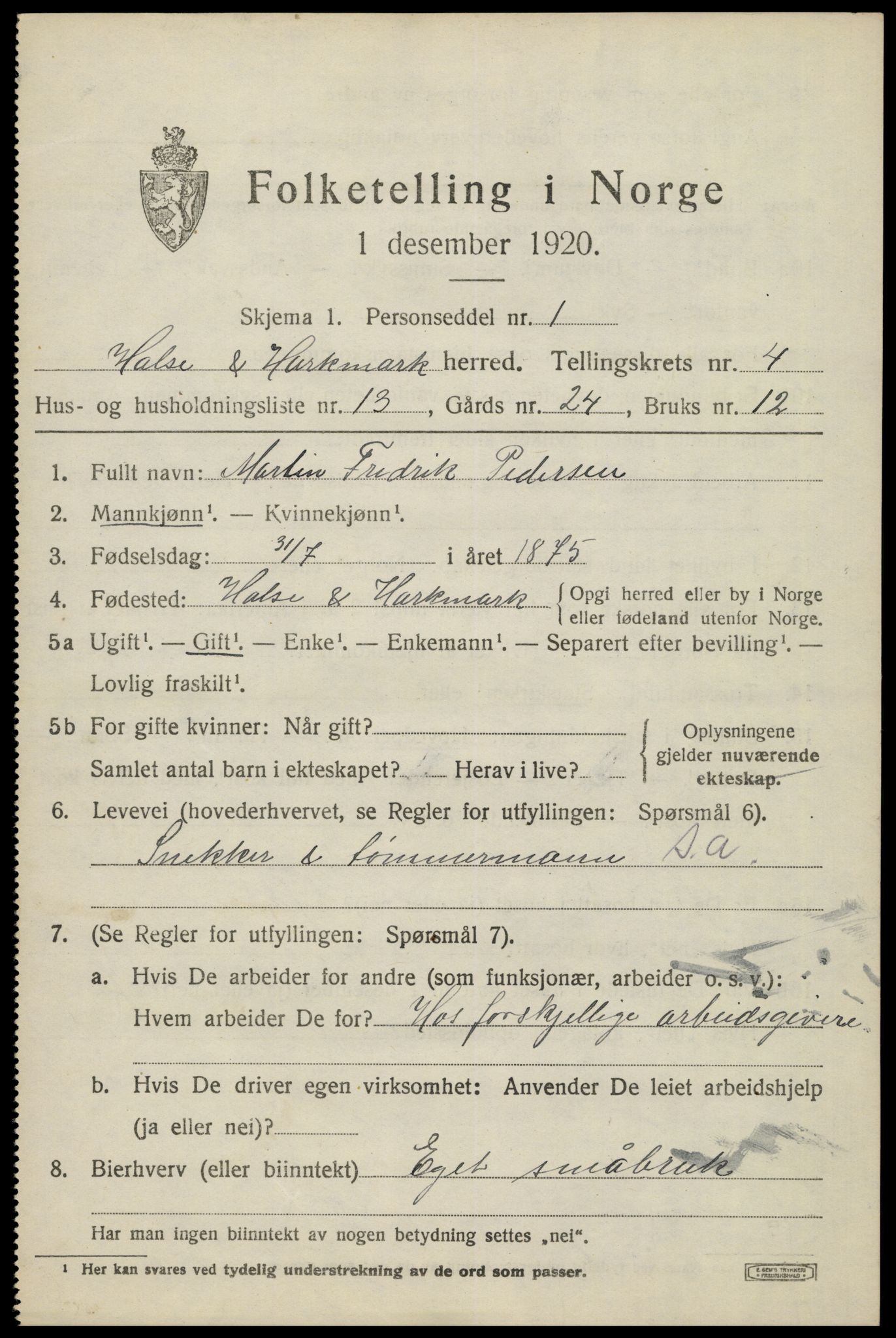 SAK, 1920 census for Halse og Harkmark, 1920, p. 2958