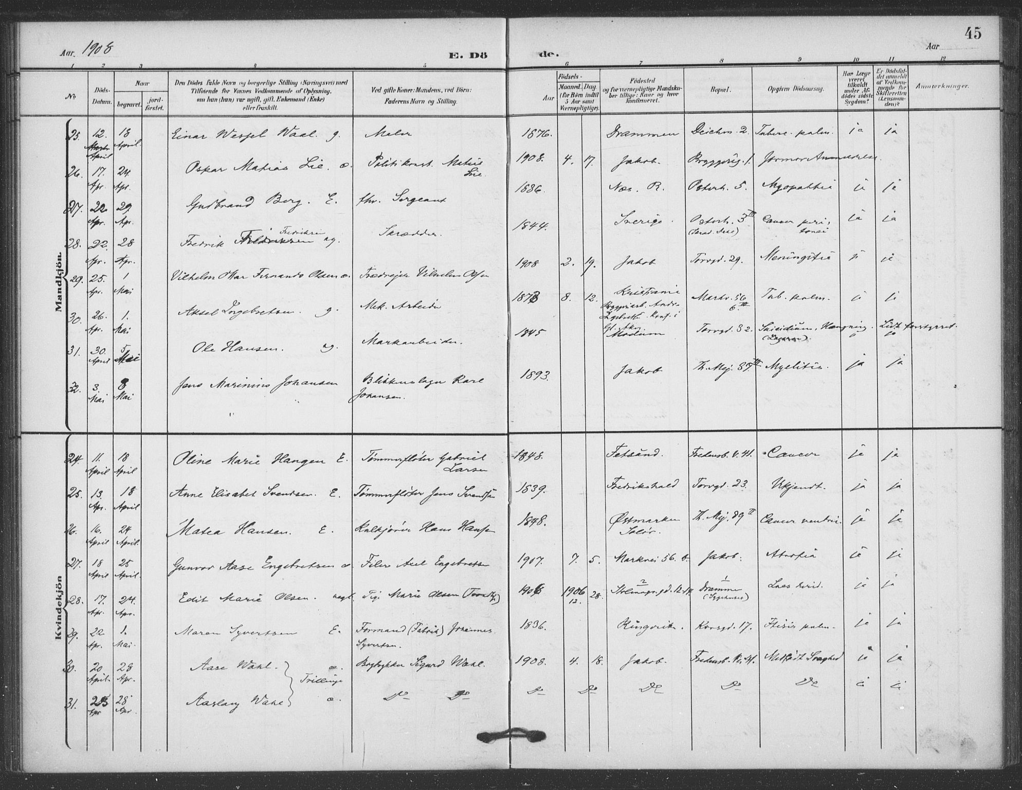 Jakob prestekontor Kirkebøker, AV/SAO-A-10850/F/Fa/L0011: Parish register (official) no. 11, 1906-1920, p. 45