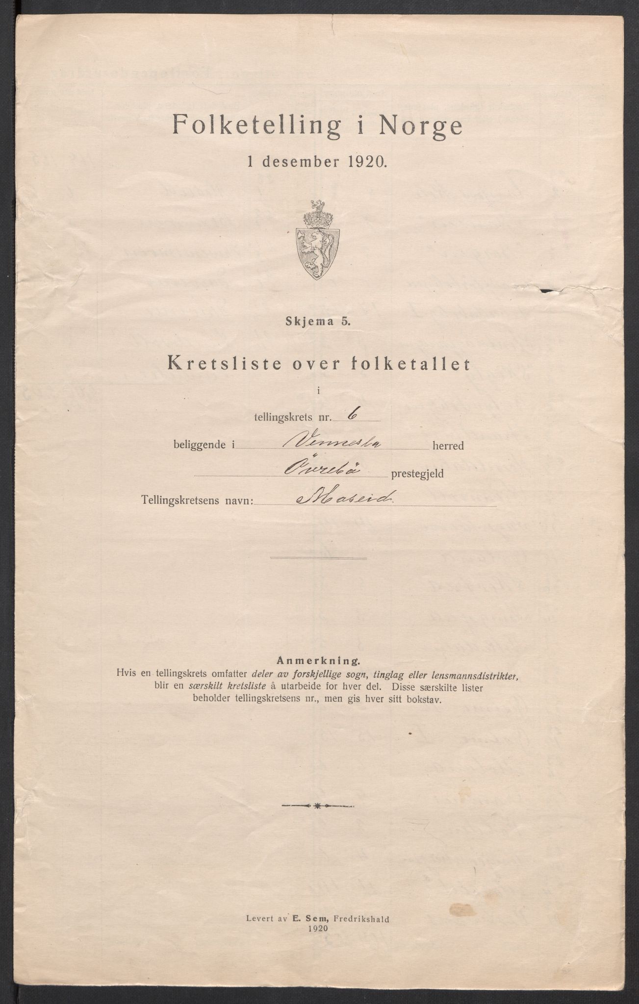 SAK, 1920 census for Vennesla, 1920, p. 22