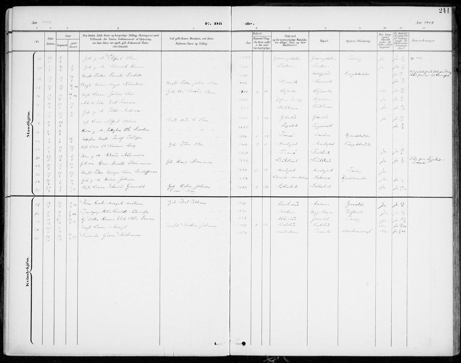 Lenvik sokneprestembete, AV/SATØ-S-1310/H/Ha/Haa/L0014kirke: Parish register (official) no. 14, 1899-1909, p. 241