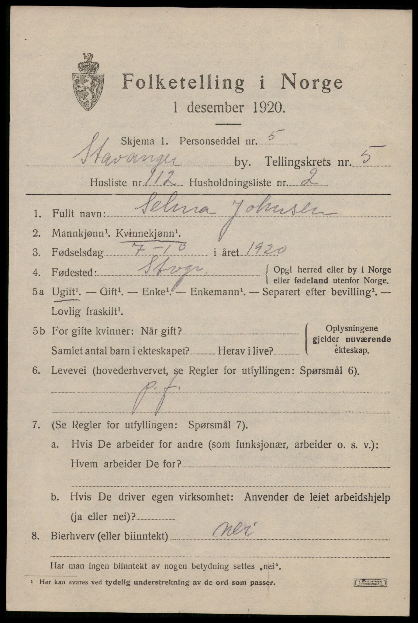 SAST, 1920 census for Stavanger, 1920, p. 42186