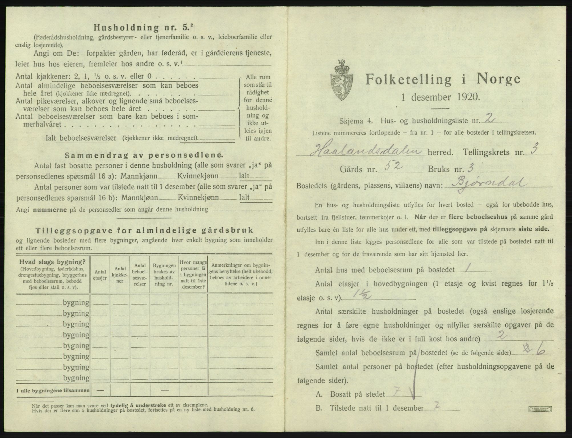 SAB, 1920 census for Hålandsdal, 1920, p. 97