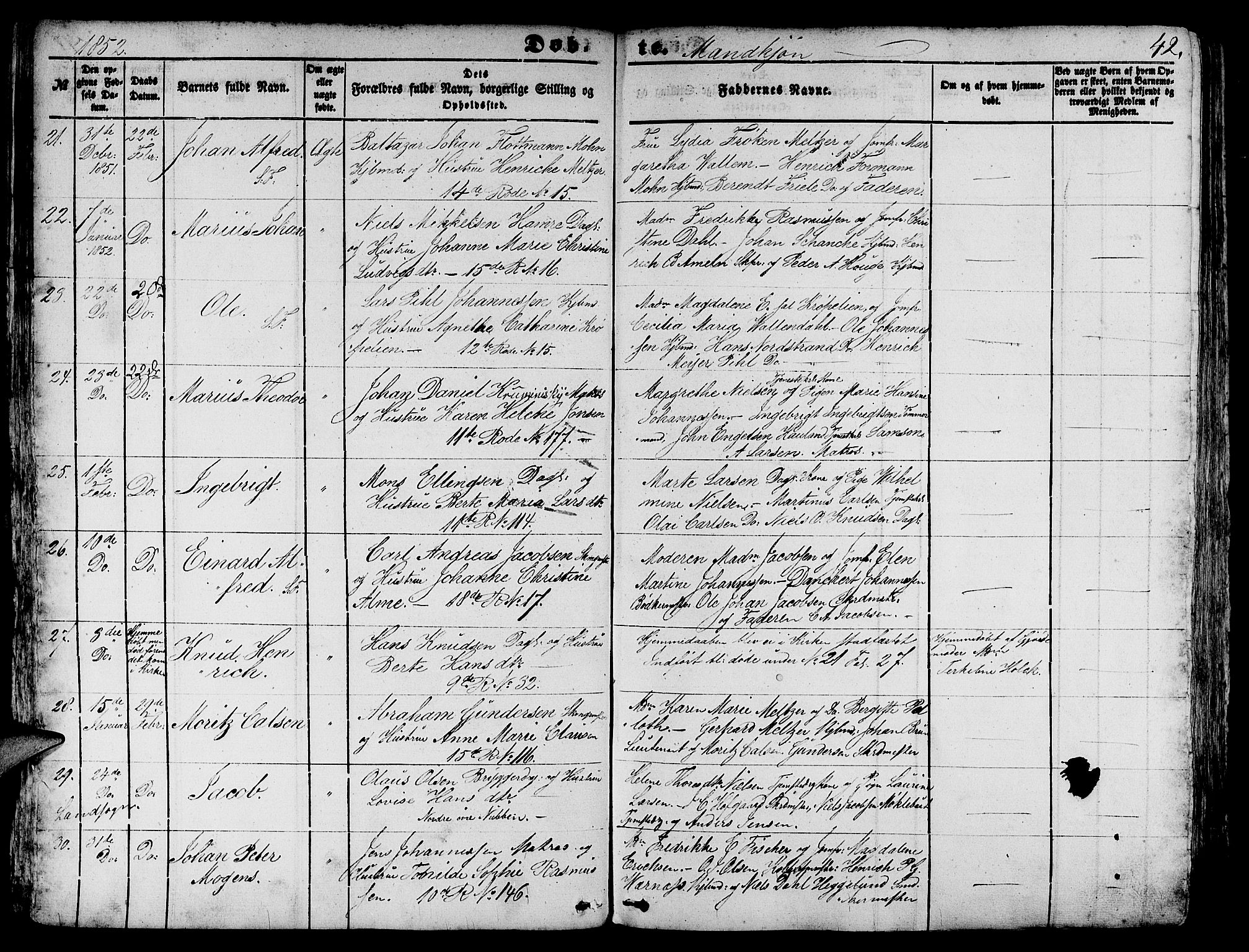 Domkirken sokneprestembete, AV/SAB-A-74801/H/Hab/L0010: Parish register (copy) no. B 3, 1849-1856, p. 42