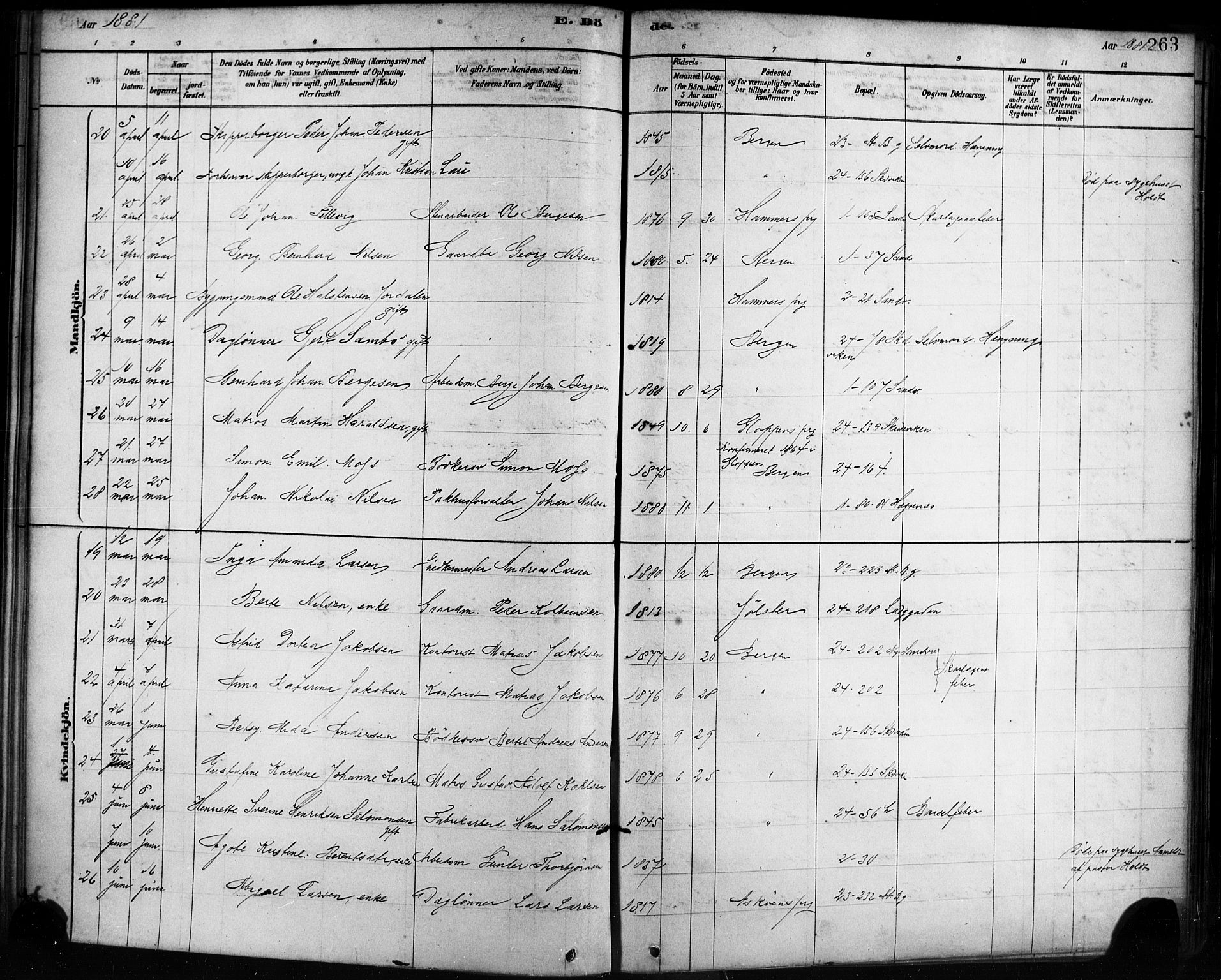Sandviken Sokneprestembete, SAB/A-77601/H/Ha/L0002: Parish register (official) no. A 2, 1878-1896, p. 263