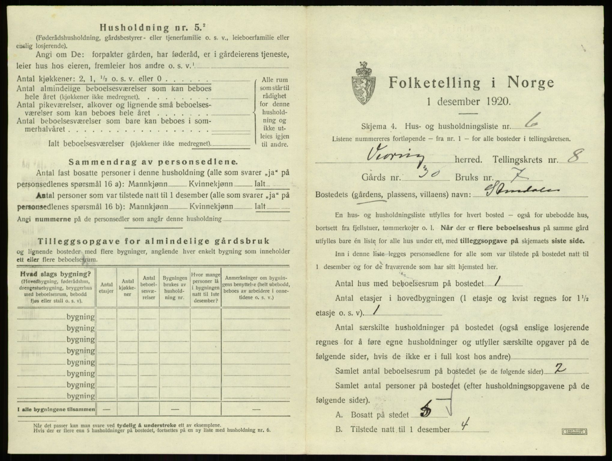 SAB, 1920 census for Vevring, 1920, p. 364