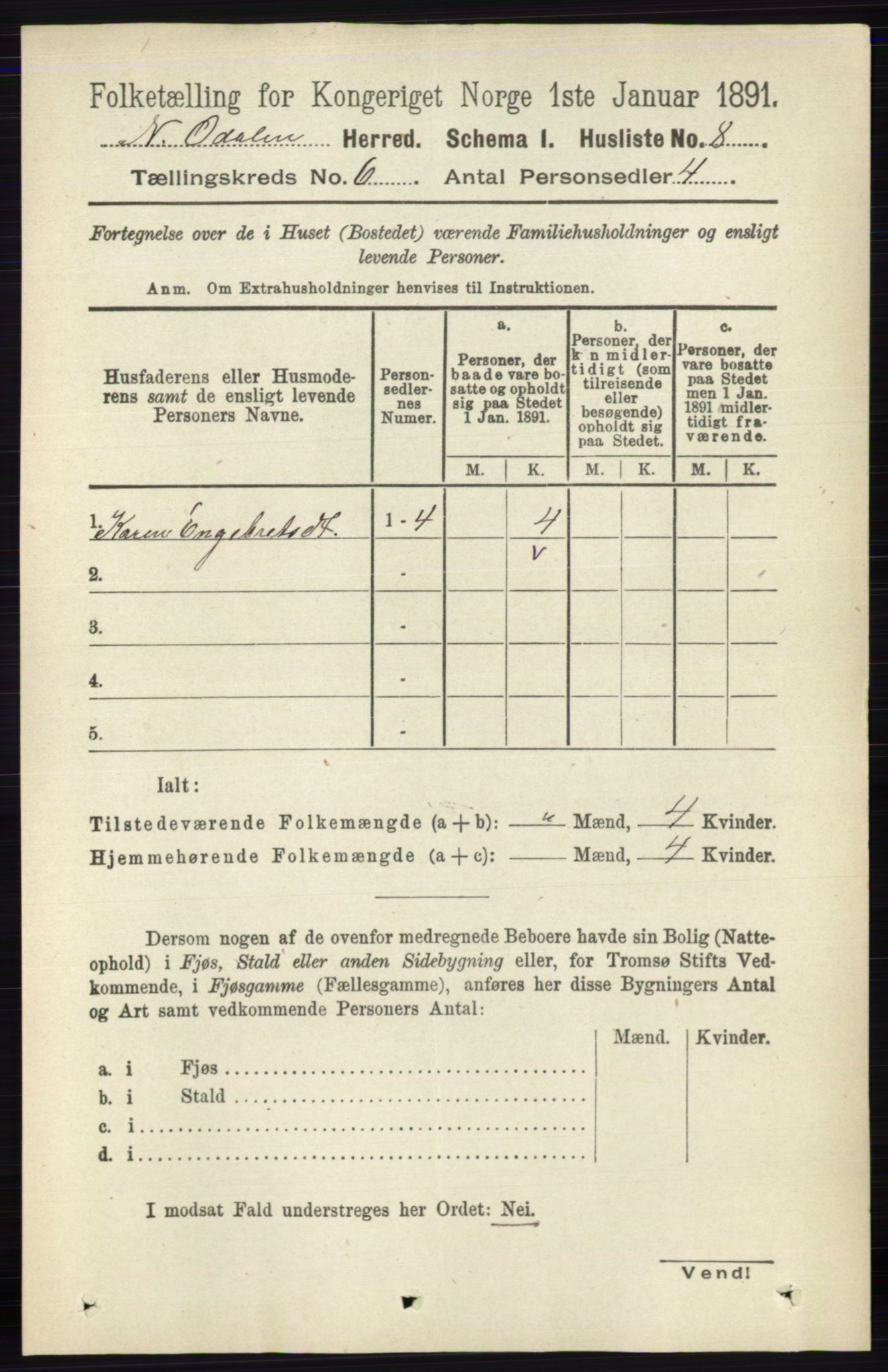 RA, 1891 census for 0418 Nord-Odal, 1891, p. 2209