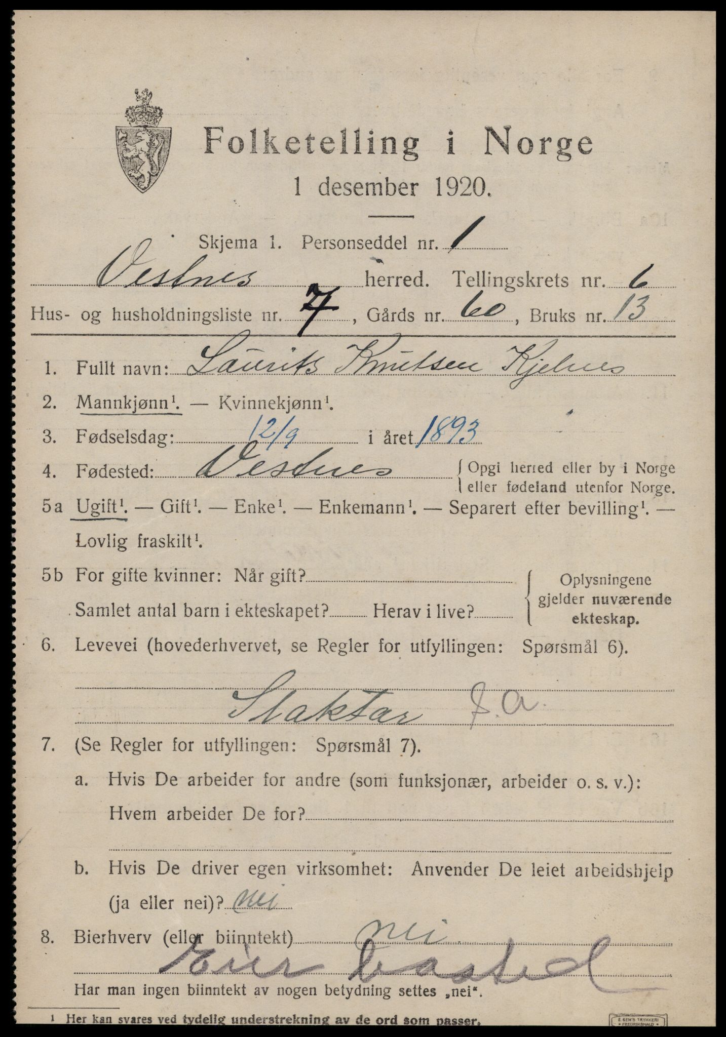 SAT, 1920 census for Vestnes, 1920, p. 4363