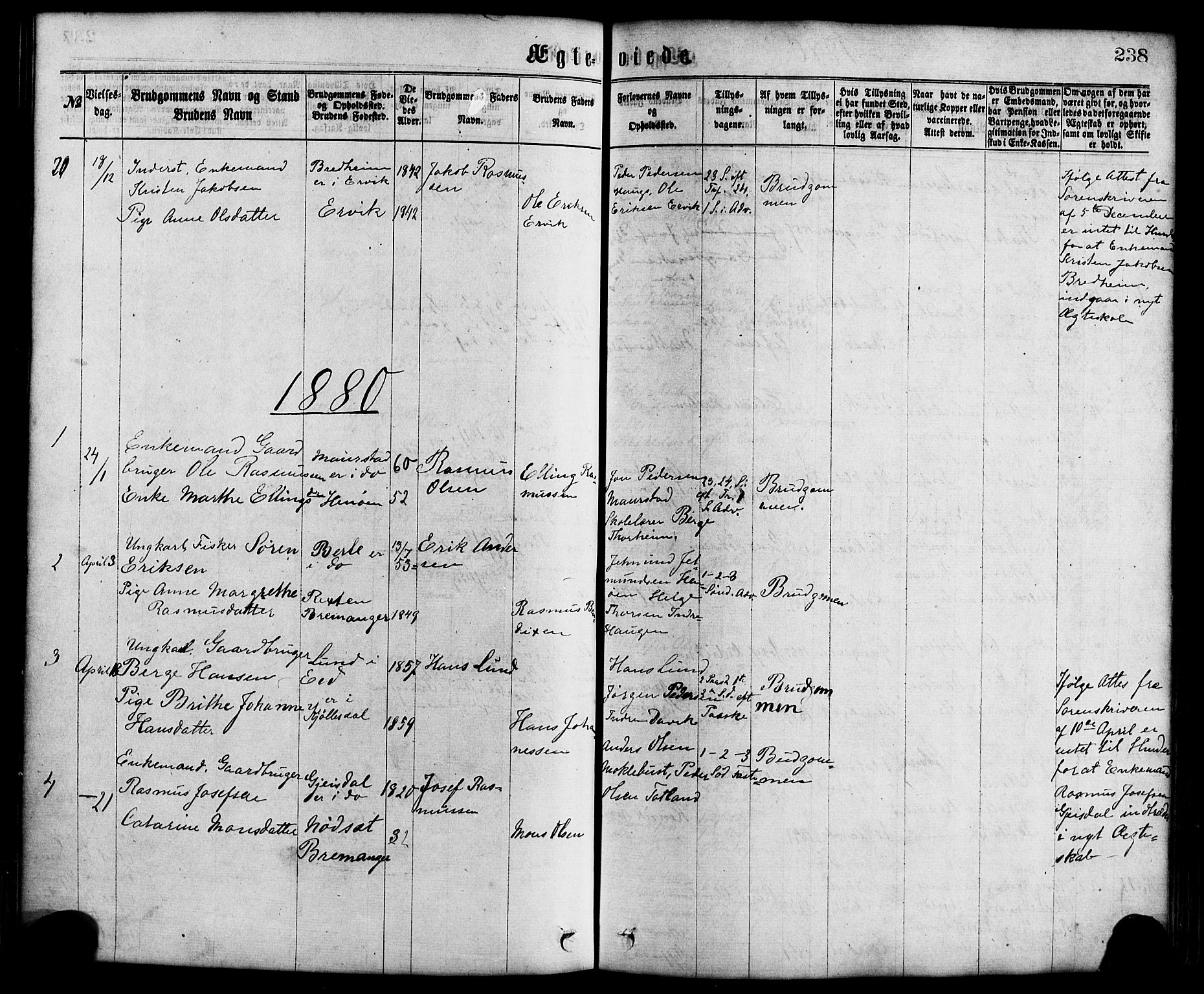 Davik sokneprestembete, AV/SAB-A-79701/H/Haa/Haaa/L0006: Parish register (official) no. A 6, 1867-1881, p. 238