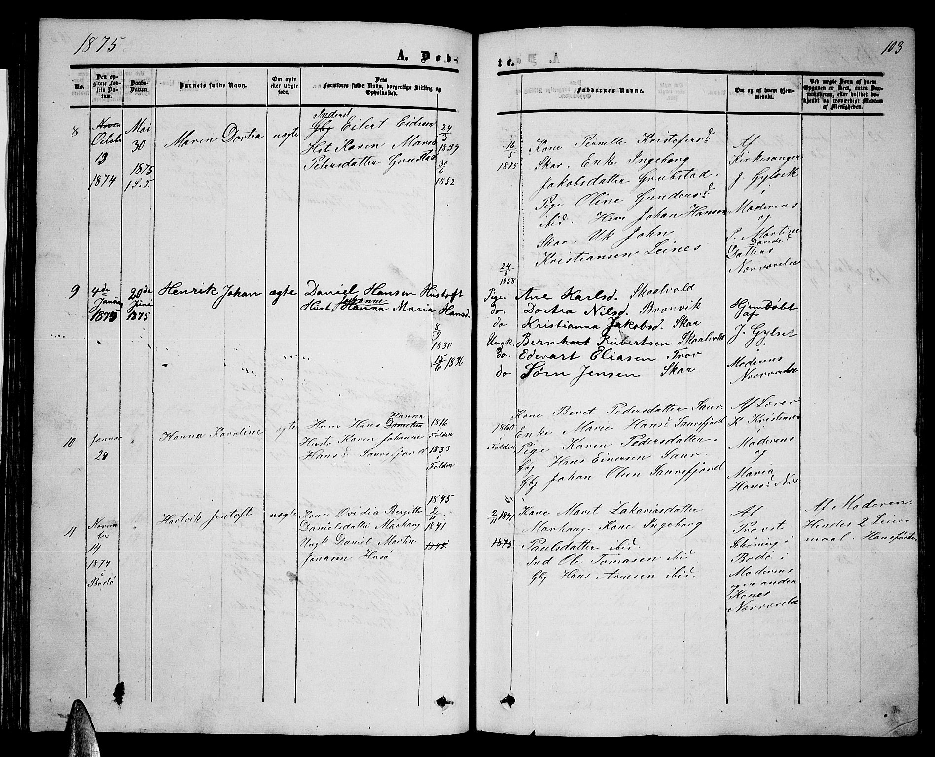 Ministerialprotokoller, klokkerbøker og fødselsregistre - Nordland, AV/SAT-A-1459/857/L0827: Parish register (copy) no. 857C02, 1852-1879, p. 103