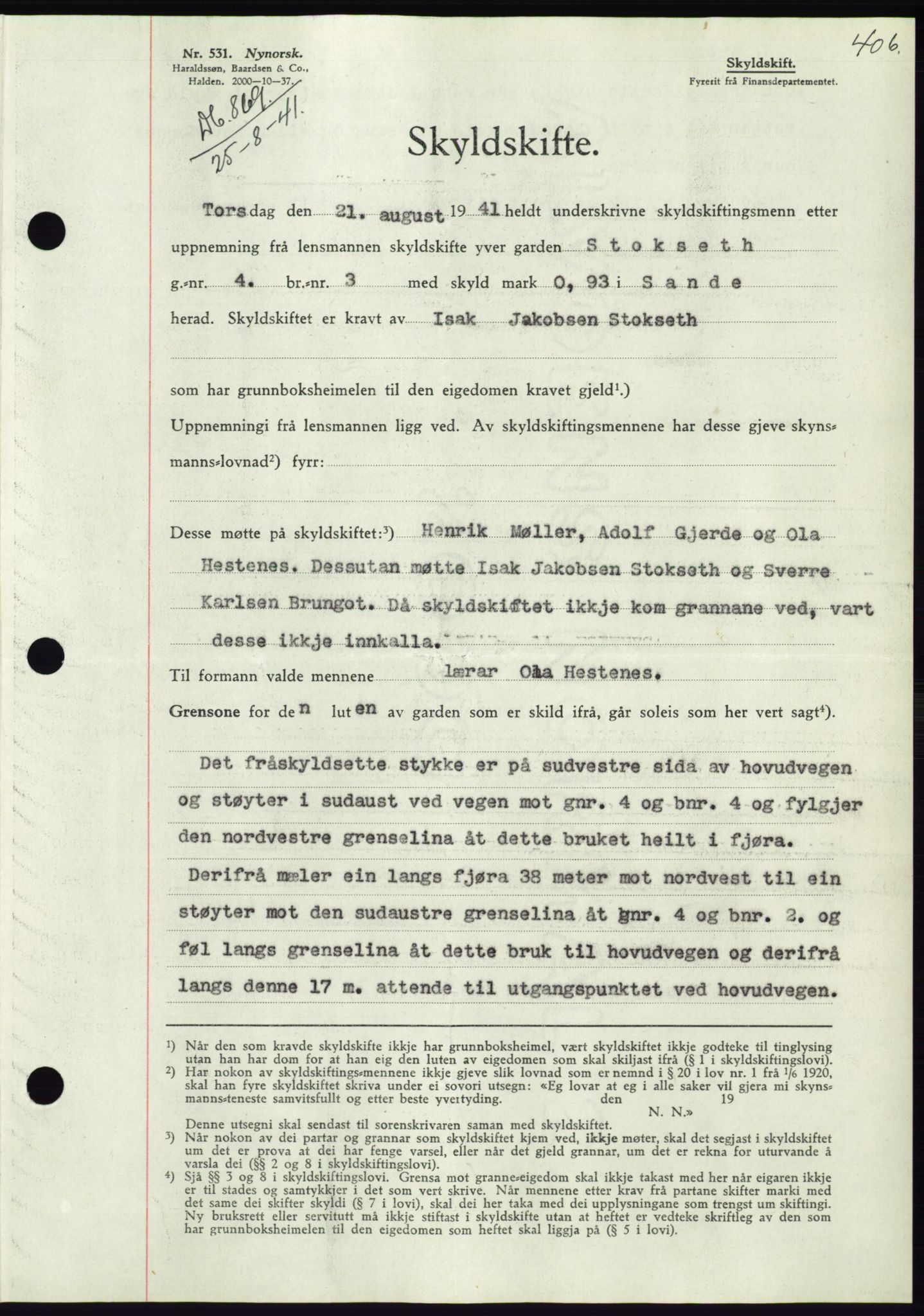 Søre Sunnmøre sorenskriveri, AV/SAT-A-4122/1/2/2C/L0071: Mortgage book no. 65, 1941-1941, Diary no: : 869/1941