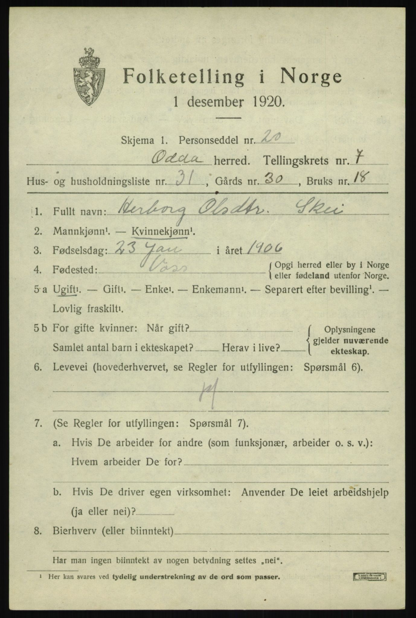 SAB, 1920 census for Odda, 1920, p. 5673